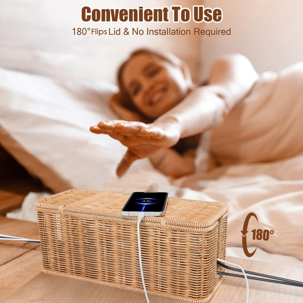 Rattan Cable Management Box Handwoven Cord Organizer Basket with 2 Slots Power Cords Hidden Box - Image 3