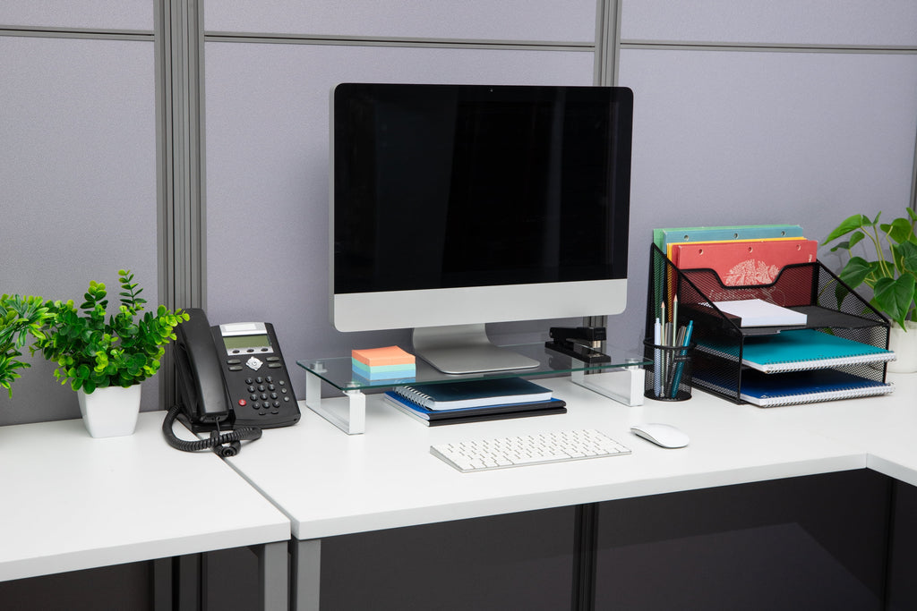 Mind Reader Monitor Stand, Contemporary, Desktop Organizer, Laptop Riser, Office, Glass, Clear - Image 5