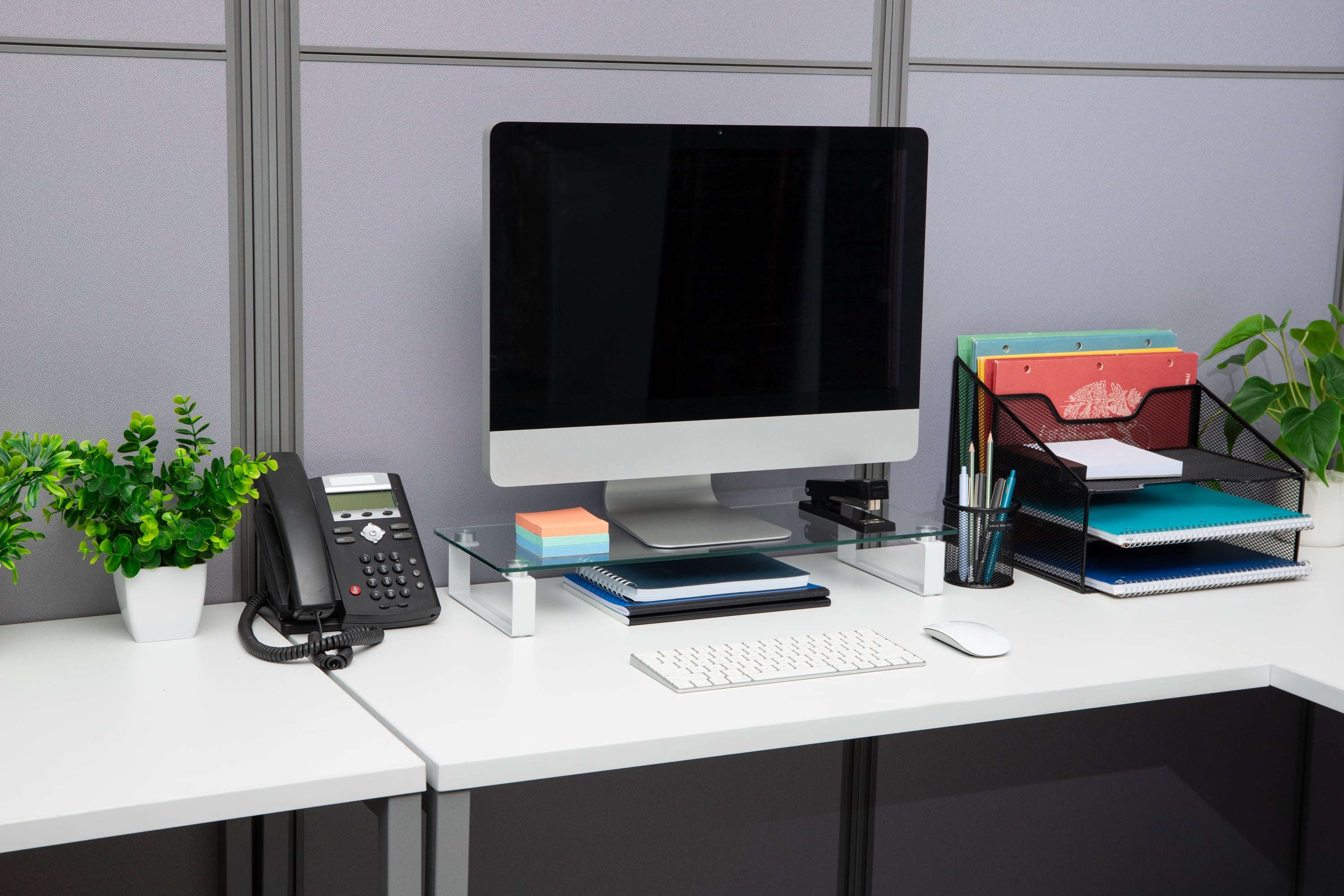 Mind Reader Monitor Stand, Contemporary, Desktop Organizer, Laptop Riser, Office, Glass, Clear - Image 5