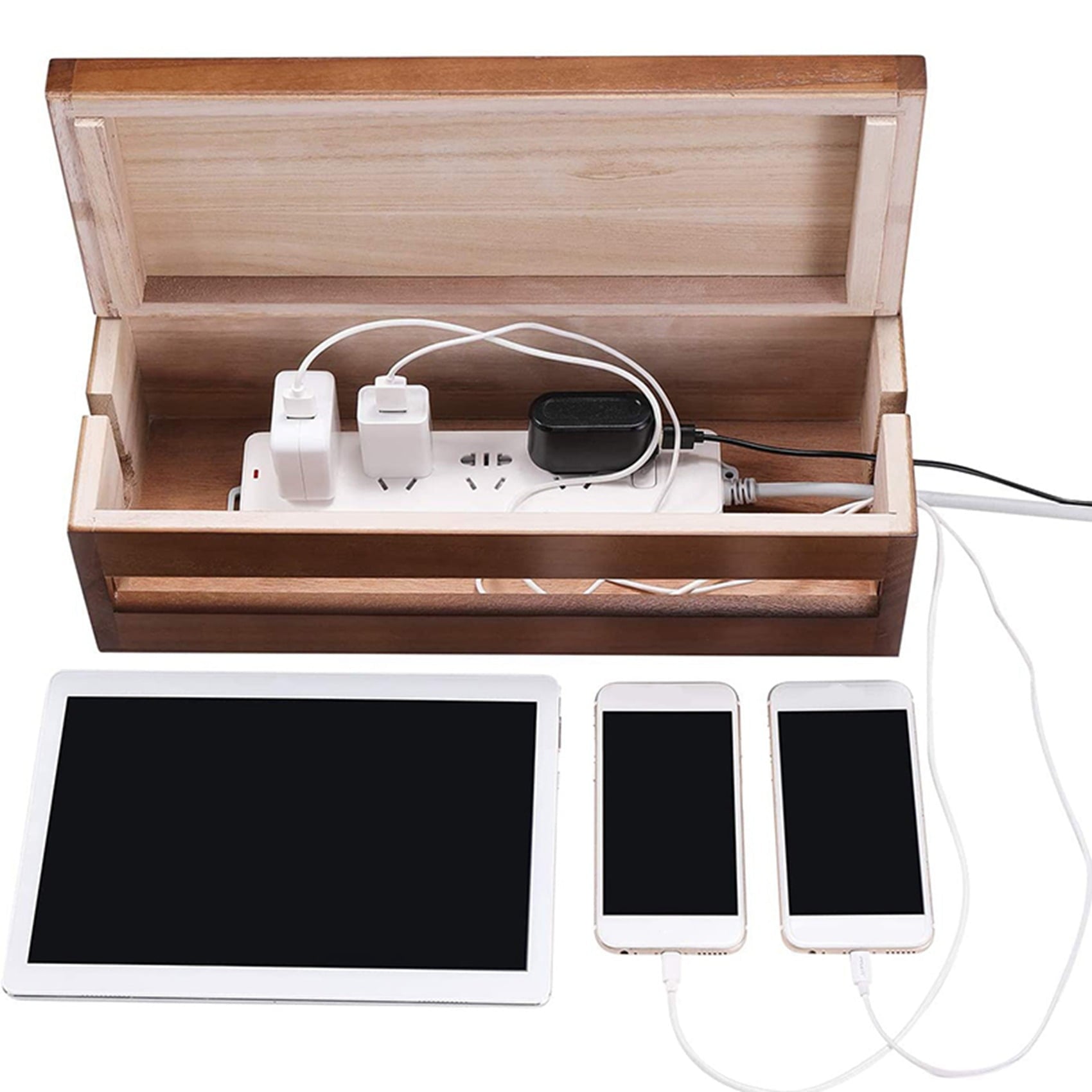 Box Wooden Cord Organizer for Extension Power Stripe Surge Protector Wire (Coffee Color) - Image 3