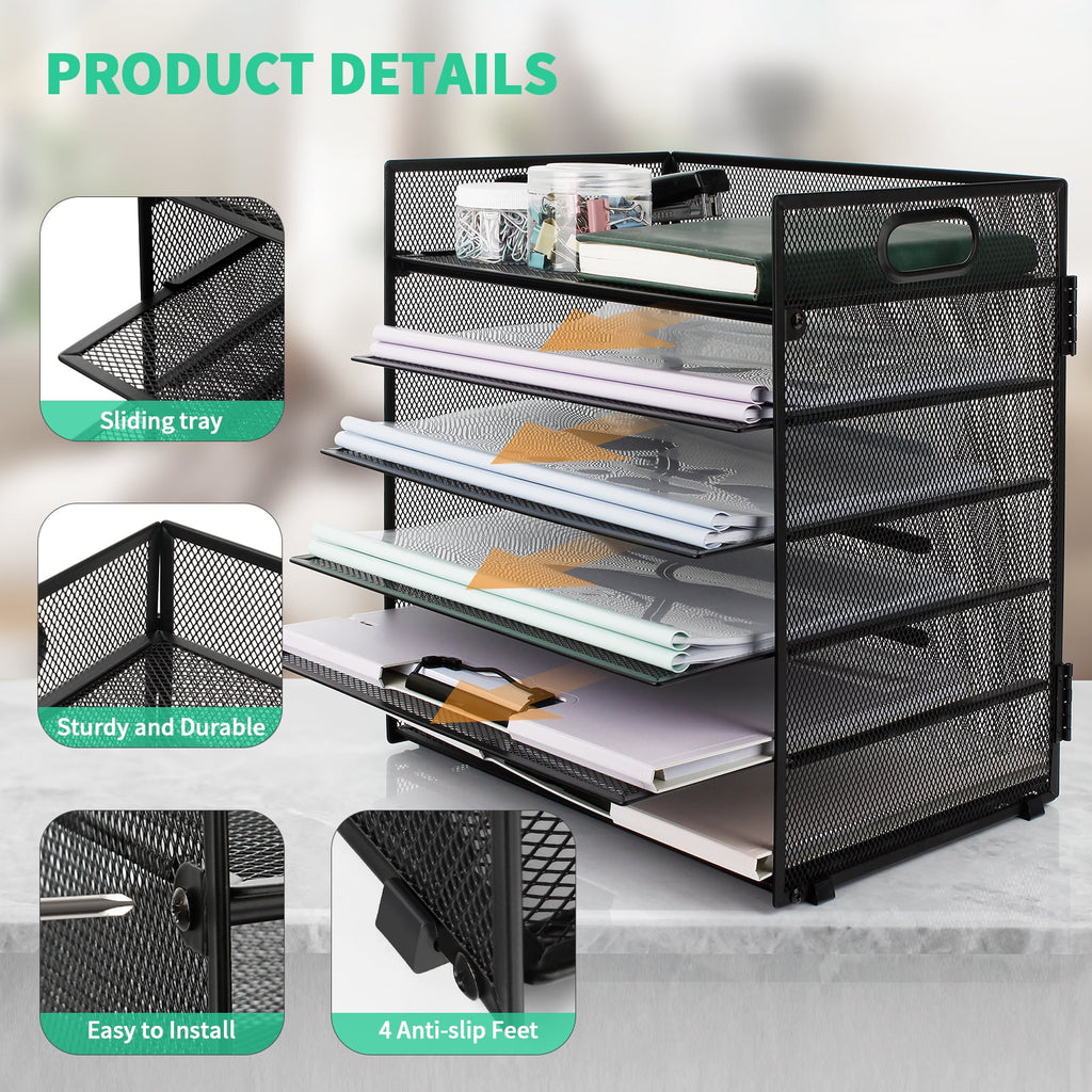 PHANCIR 6-Tier Desk Organizer Paper Storage Box ,Stationery Tray with Handle Mesh Stationery Tray Desktop File Classifier, Suitable for Offi - Image 5