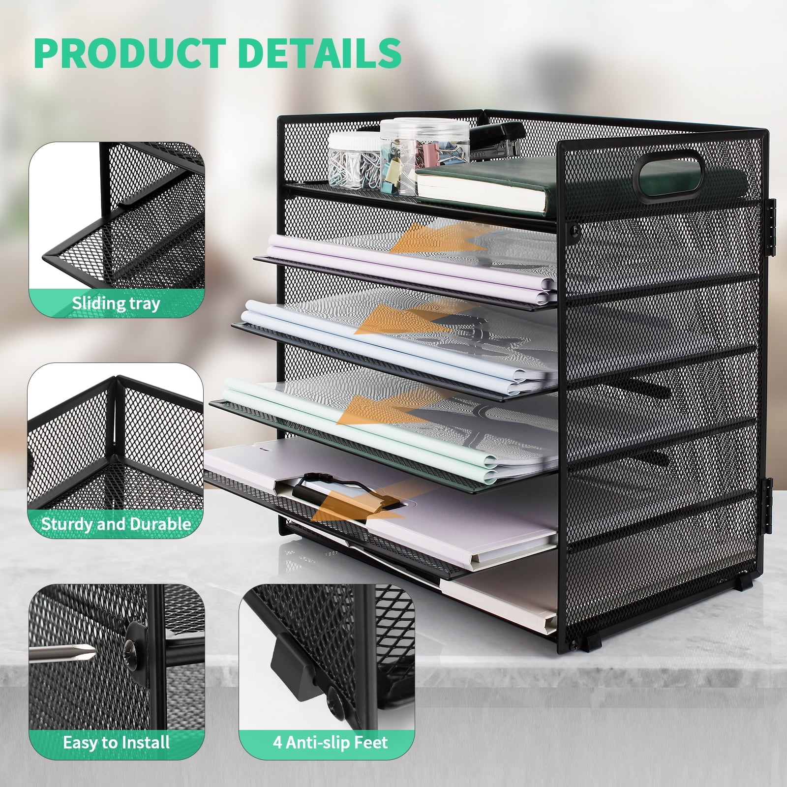 PHANCIR 6-Tier Desk Organizer Paper Storage Box ,Stationery Tray with Handle Mesh Stationery Tray Desktop File Classifier, Suitable for Offi - Image 5