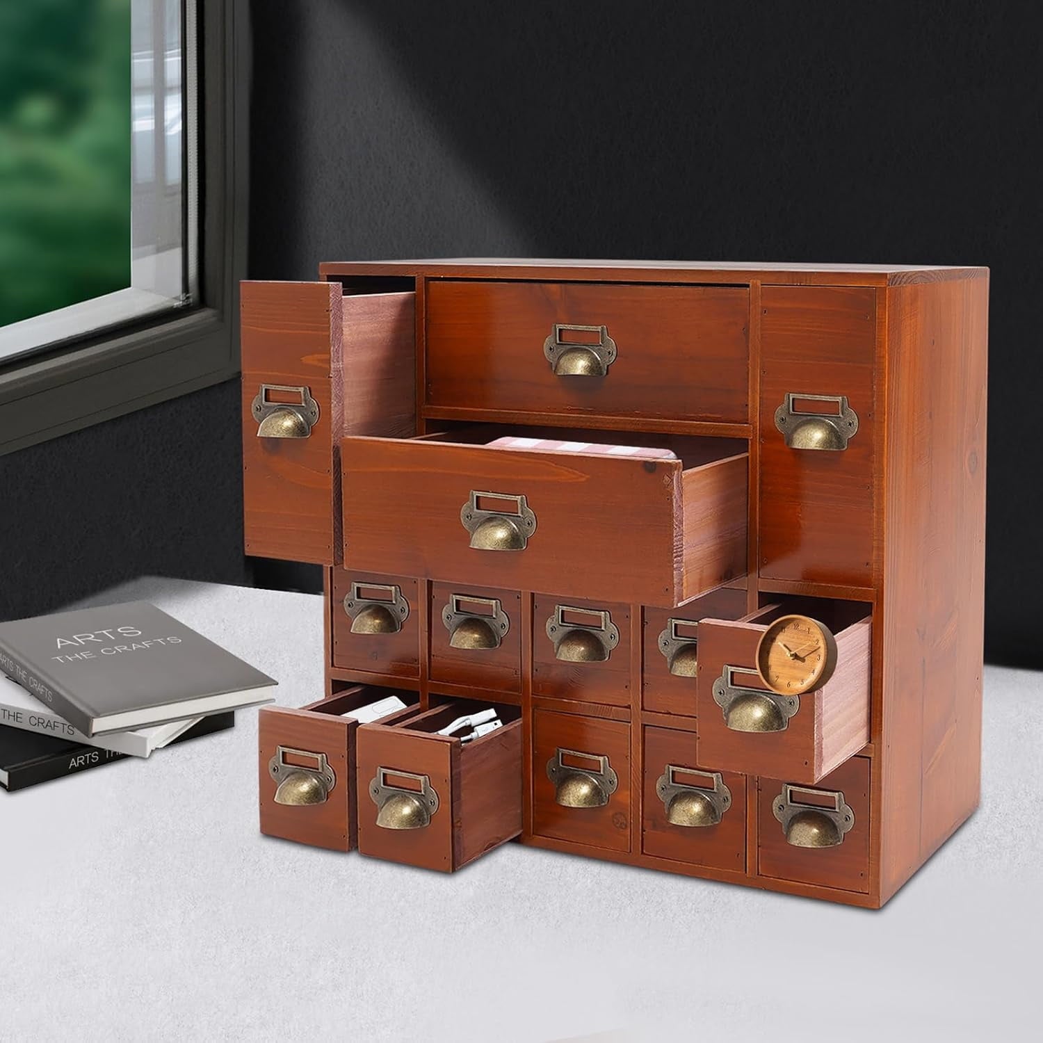 4 Desk Organizer with 14 Drawers, Wooden Apothecary Cabinet Desktop Storage Cabinet with Label Boxes, Makeup Organize... - Image 5