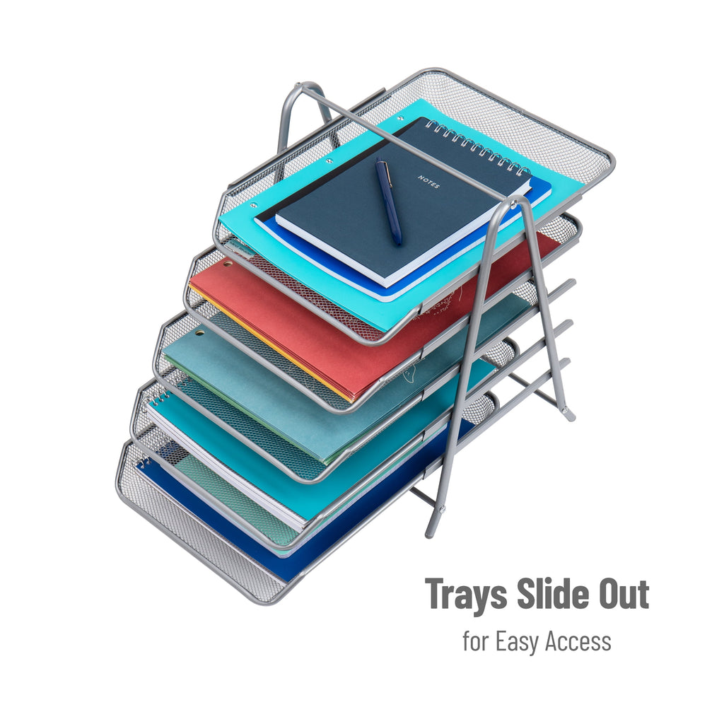 5-Tier Paper Tray, Desktop Organizer, File Storage, Office, Metal Mesh, Silver - Image 4