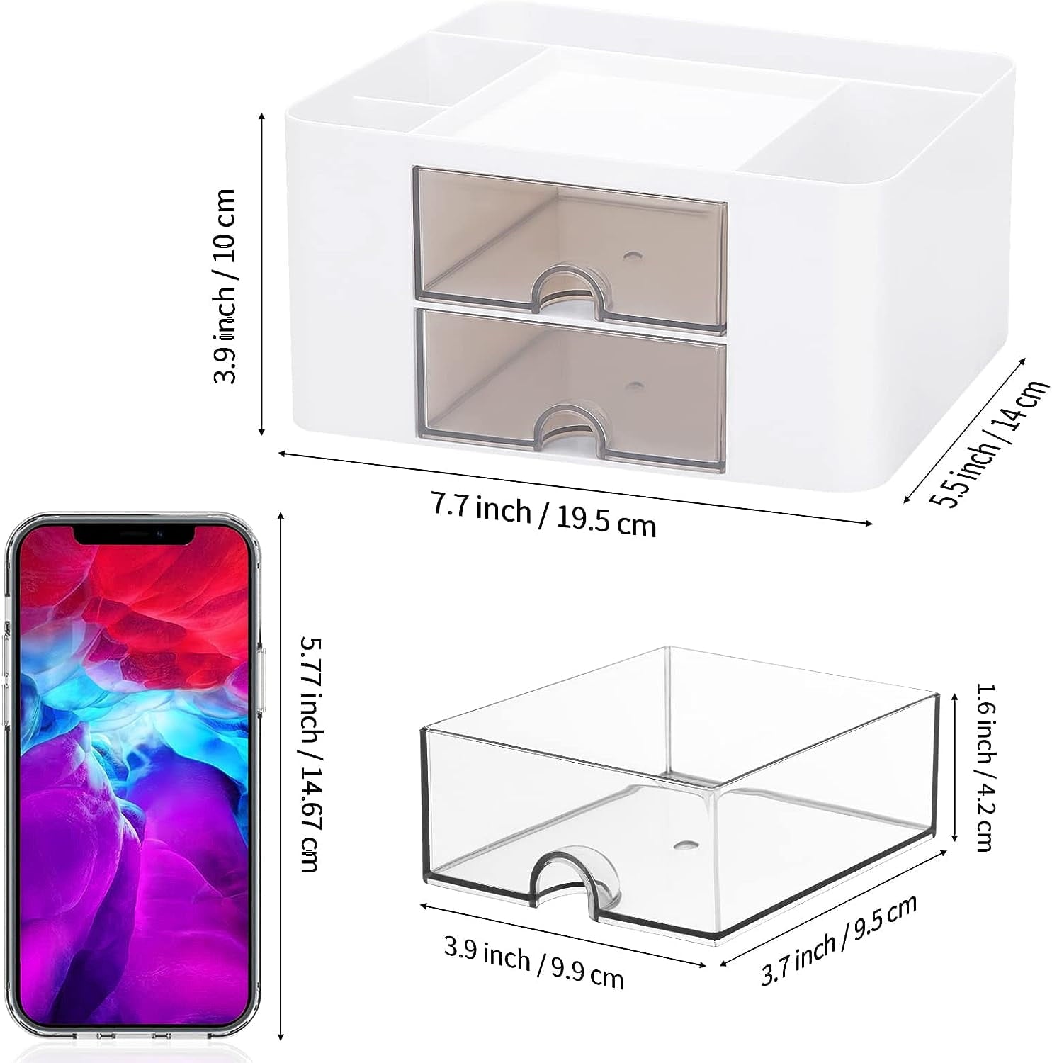 Clackibukvyz 2 Pack Desk Organizer with 2 Drawer, Plastic Office Desk Accessories Organizers, White - Image 3