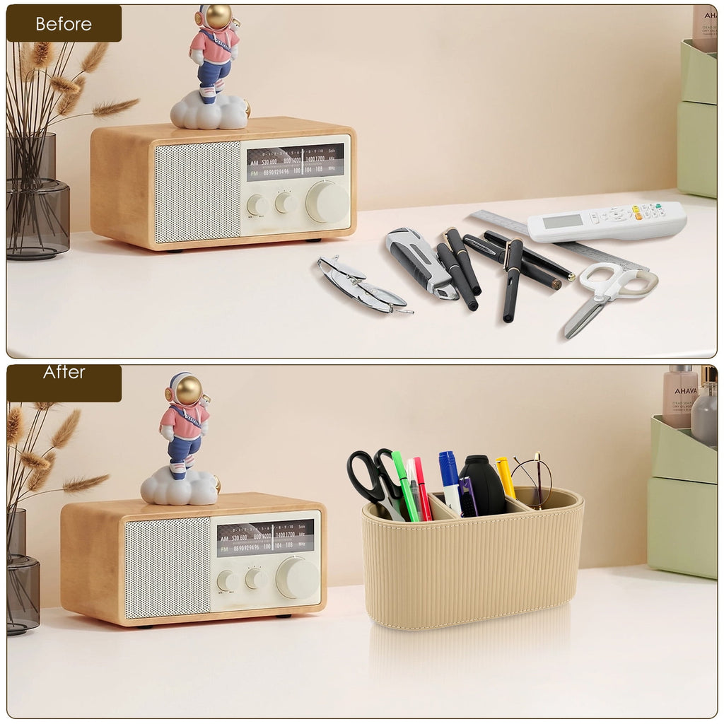 FKSZLL PU Leather Pen Holder Multifunctional Remote Control Holder with 3 Compartments Stylish Desktop Organizer Caddy for Home Office Desk - Image 6