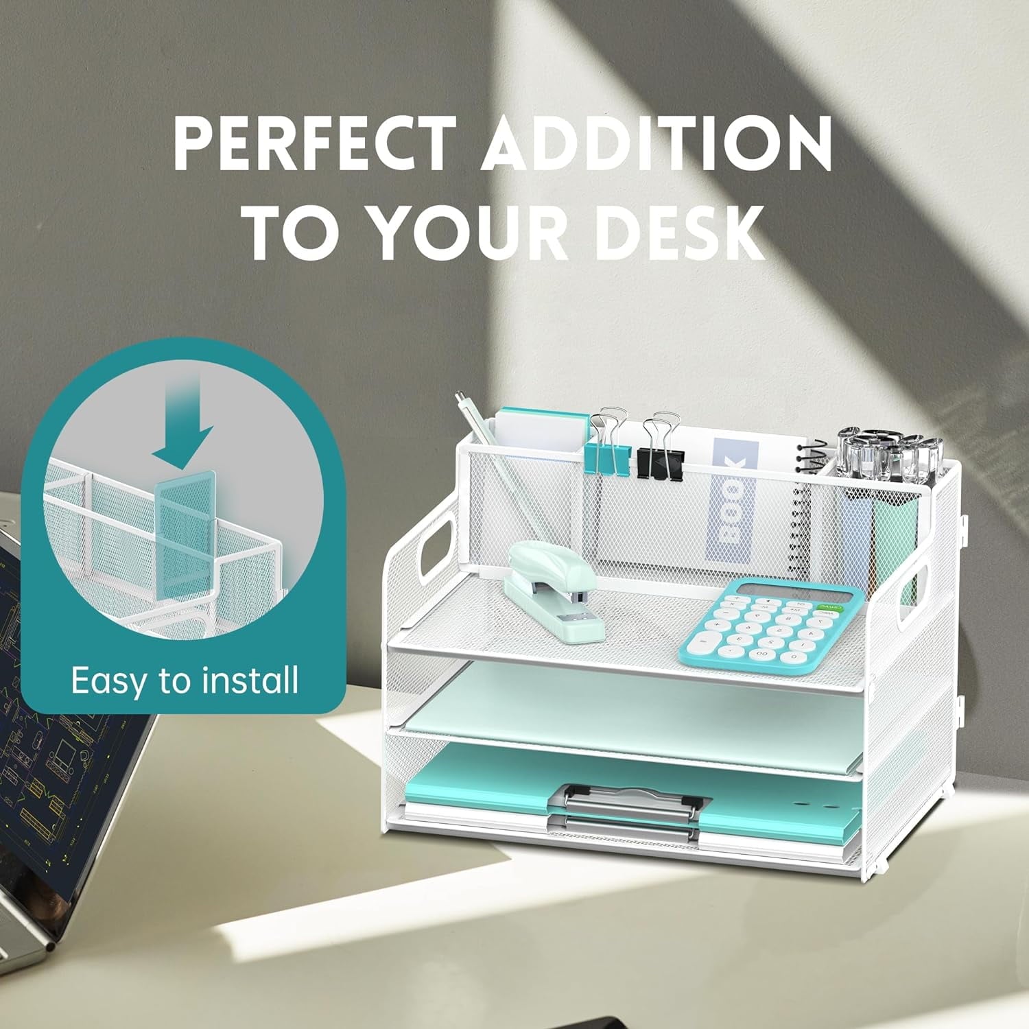 3 Letter Size Desk Organizer with Handle and 3 Pen Holders, White, 1 Piece - Image 5