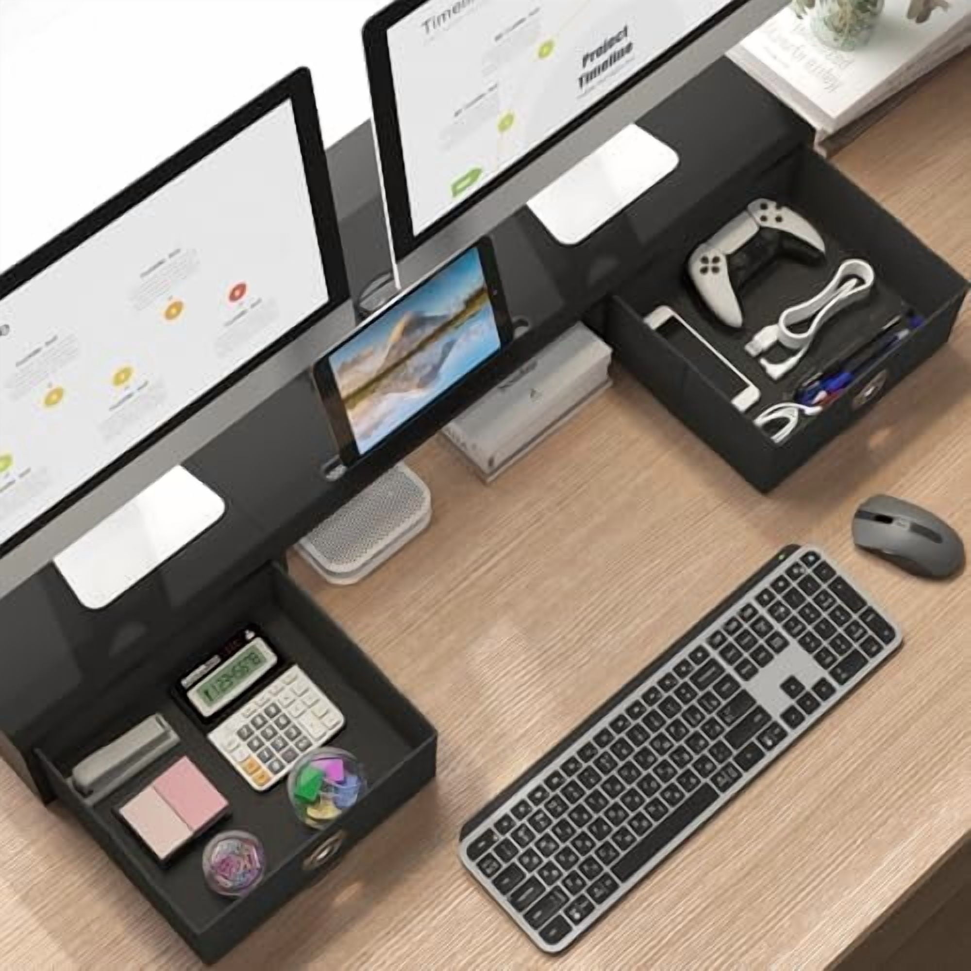 Dual Monitor Stand Riser with Two Drawers, Extra Large Storage Monitor Stand for 2 Monitors, Desktop Oraganizer Stand... - Image 2