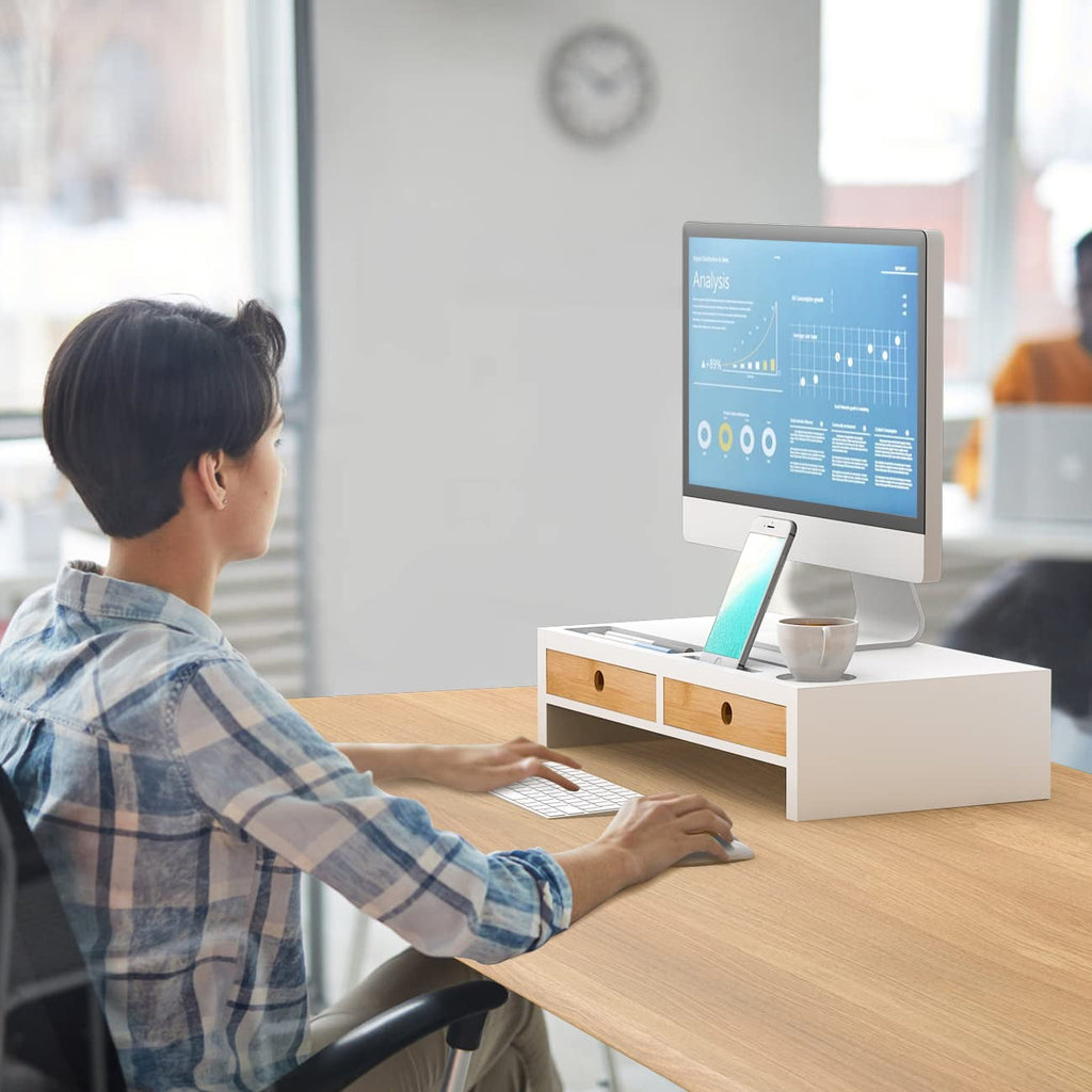 Monitor Stand with 2 Drawers,White Wood Monitor Riser for Computer, Laptop, Printer,Tv - Image 4