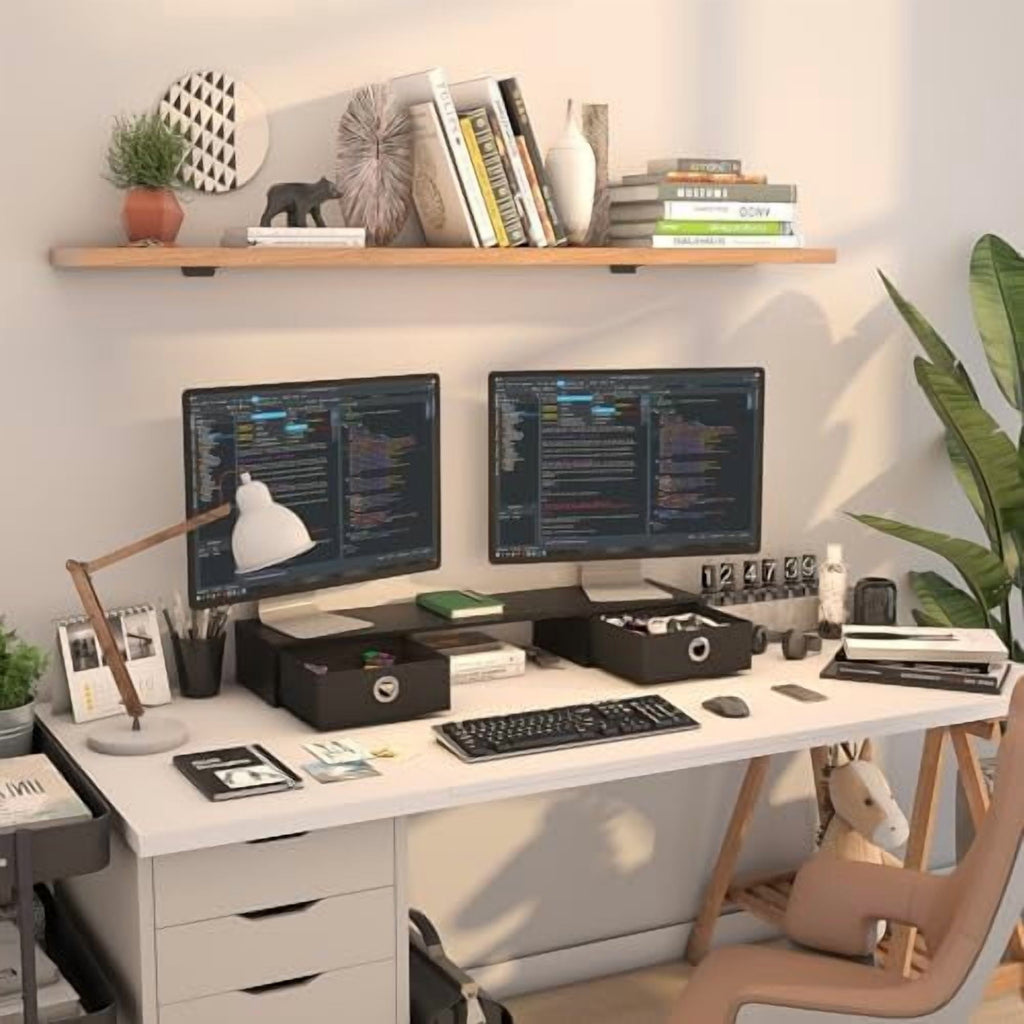 Dual Monitor Stand Riser with Two Drawers, Extra Large Storage Monitor Stand for 2 Monitors, Desktop Oraganizer Stand... - Image 4
