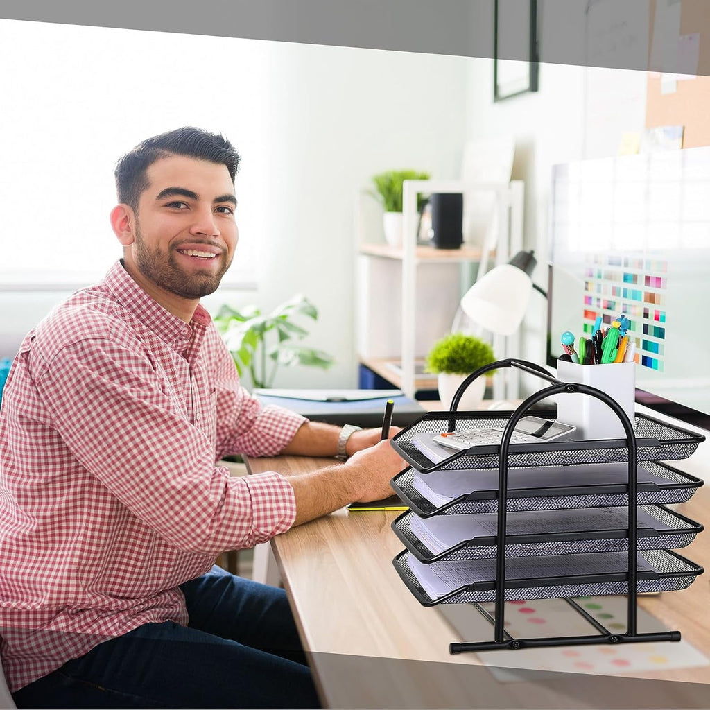 KABB Paper Organizers for Desk Mesh Letter File Tray Organizer with 4 Sliding Trays Black Stackable Desktop Document Storage Shelf Rack for - Image 6