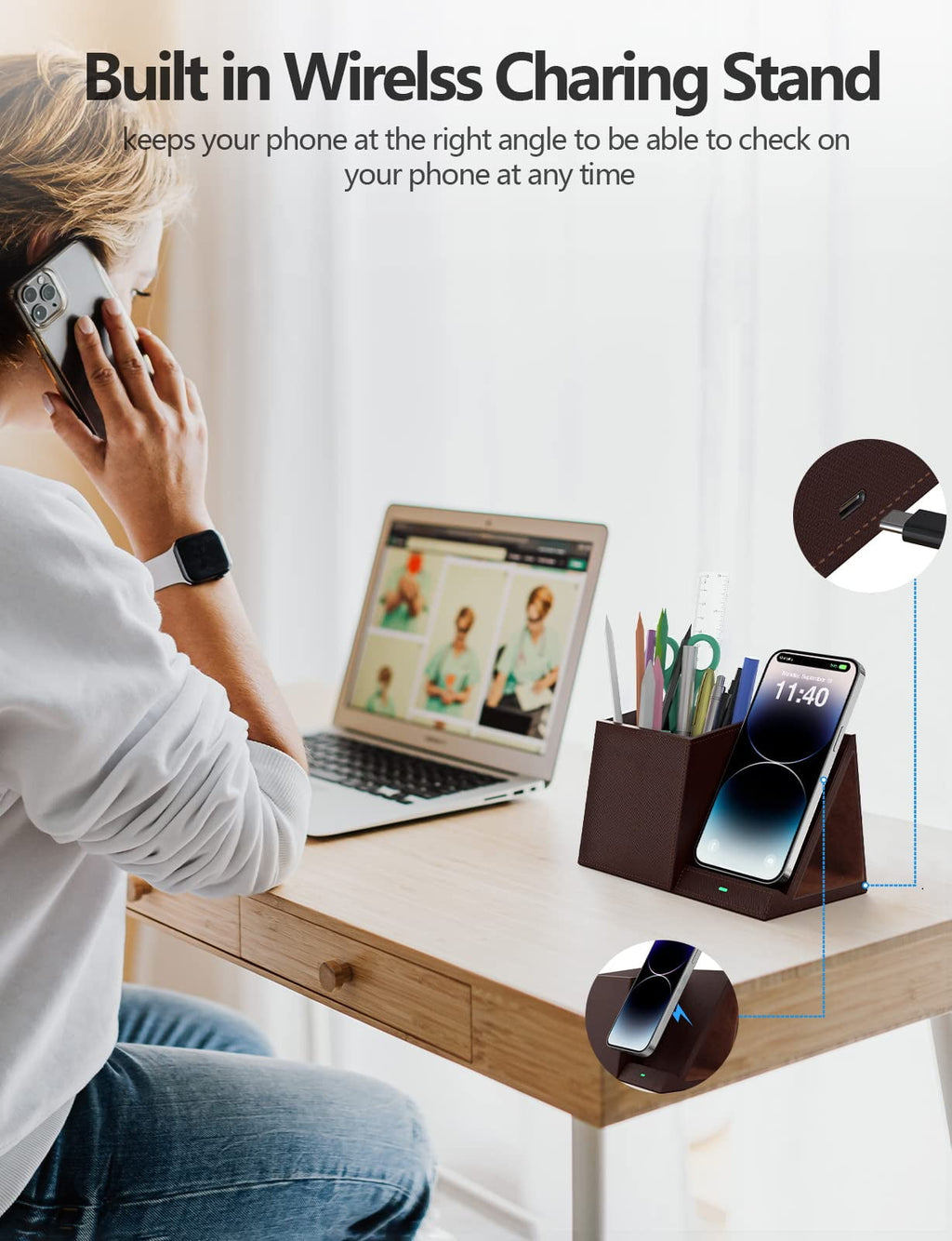 Desk Organizer with Wireless Charging for iPhone, PU Leather with Pencil Holder for Desk & Nightstand, Brown - Image 2