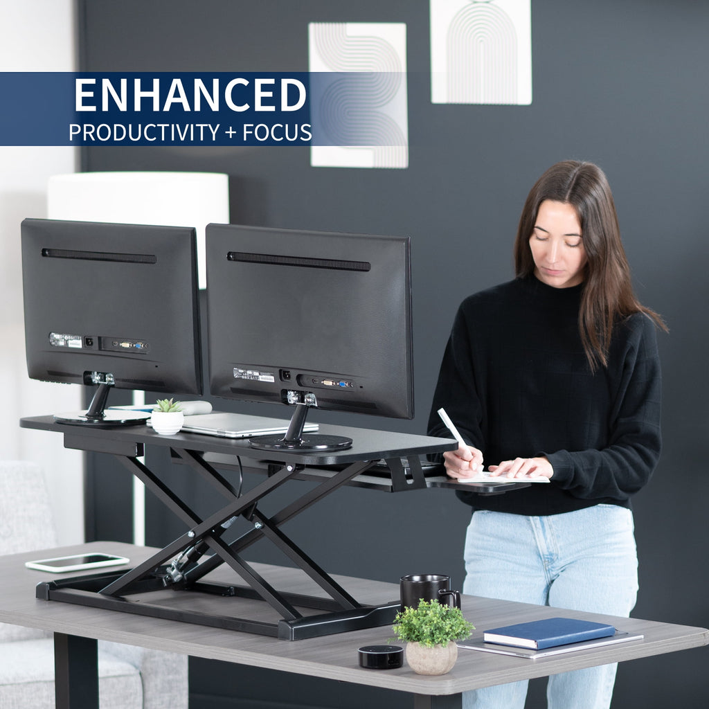Black Height Adjustable 36" Standing Desk Monitor Riser, Sit Stand Tabletop - Image 4