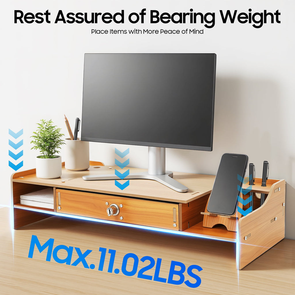 Computer Rack with Lockable Drawer,Space-Saving MDF Riser Computer Monitor Stand, Home/Office Desk Organizer - Image 5