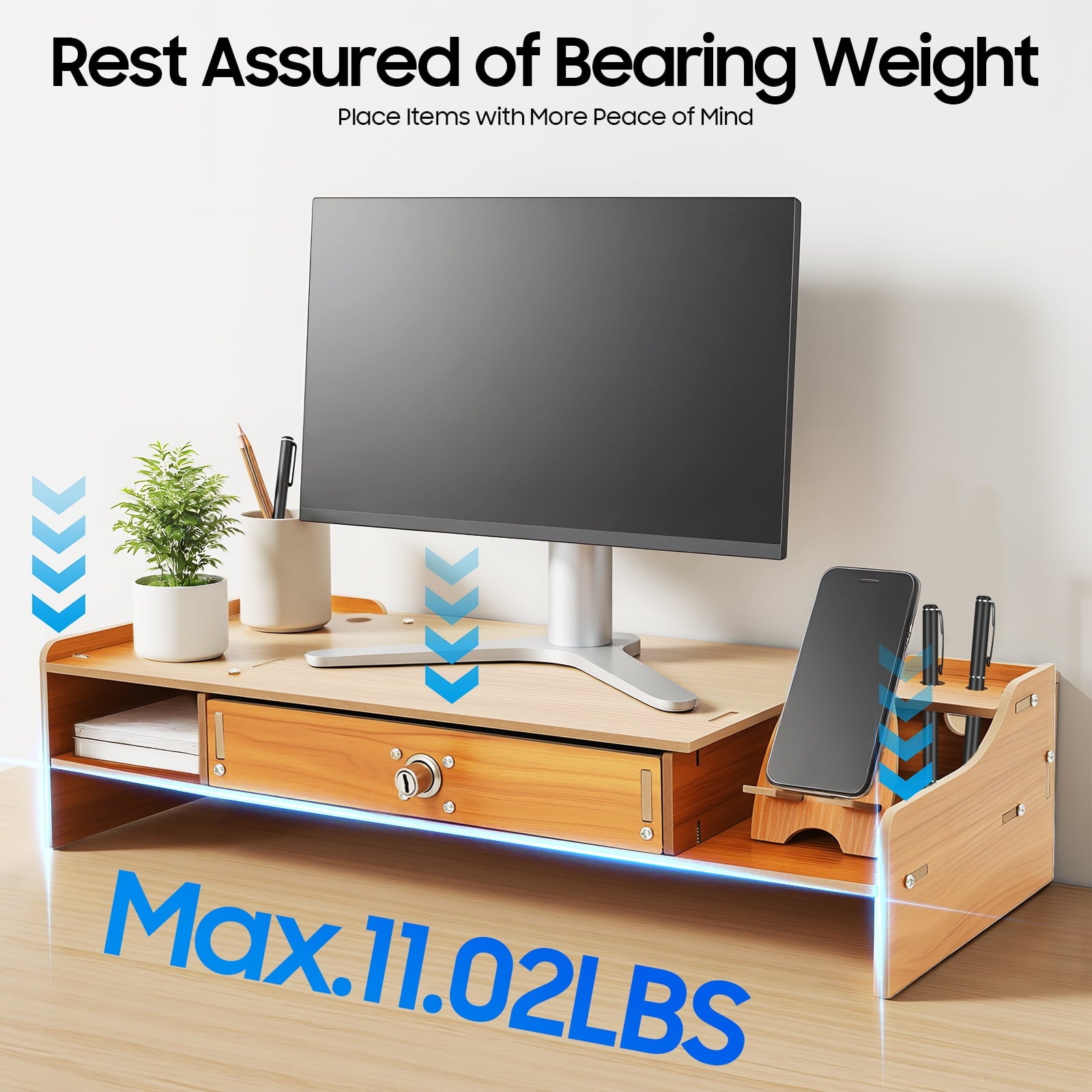 Computer Rack with Lockable Drawer,Space-Saving MDF Riser Computer Monitor Stand, Home/Office Desk Organizer - Image 5