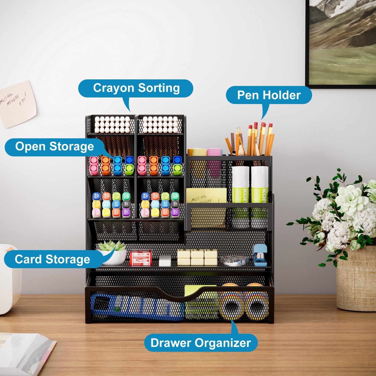 Holder for Desk, Desk Organizer with Drawer, Multi-Functional cil Organizer, Accessories for Office Art Supplies (Black) - Image 5