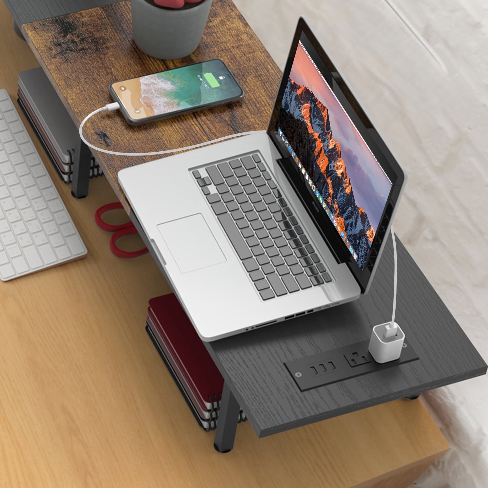 Dual Monitor Stand Riser with Charging Station, 37.55 Inch Wide Monitor Shelf with USB Ports for Computer, TV, Laptop - Image 6
