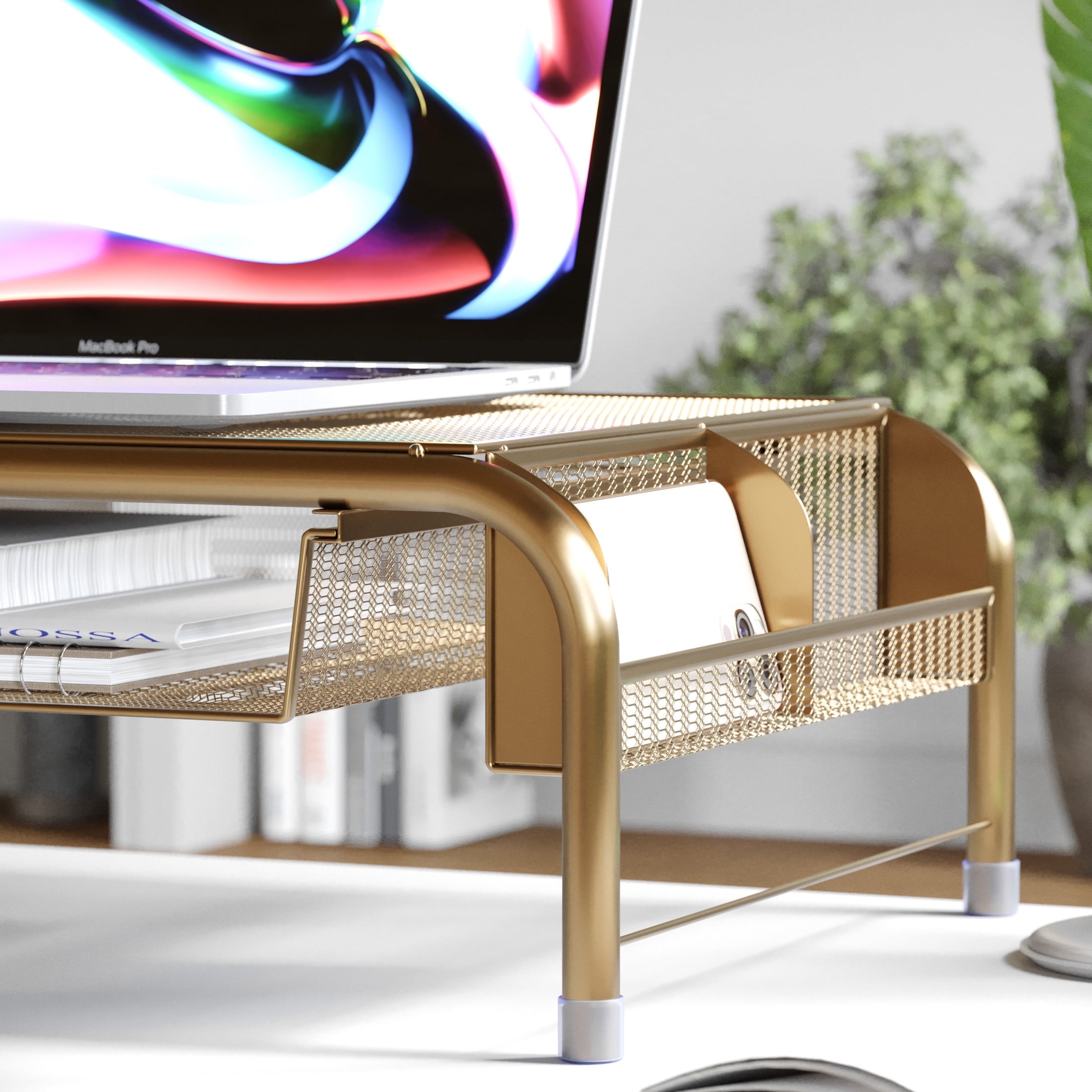 Ryder Gold Mesh Metal Desktop Monitor Stand Riser with Organizer Drawer and Side Storage - Image 4