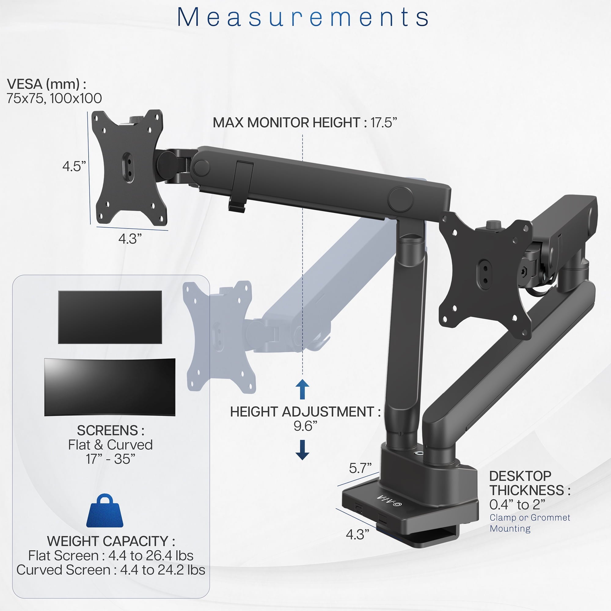 VIVO Premium Aluminum Full Motion Dual Monitor Lift Engine Arm Desk Mount Stand - Image 5
