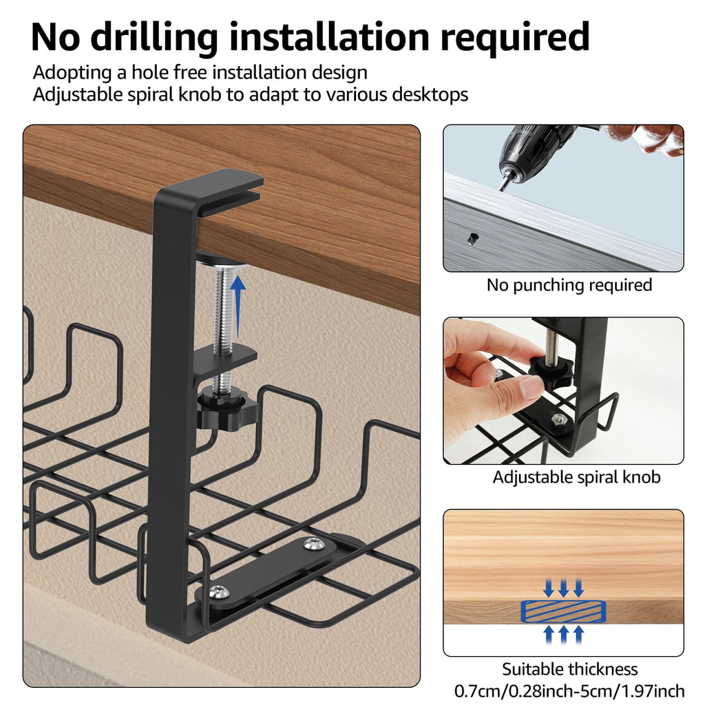 Management Tray with Clamps Metal Cord Organizer No Drill Management Rack Sturdy Organizer for Wire Management Black - Image 3
