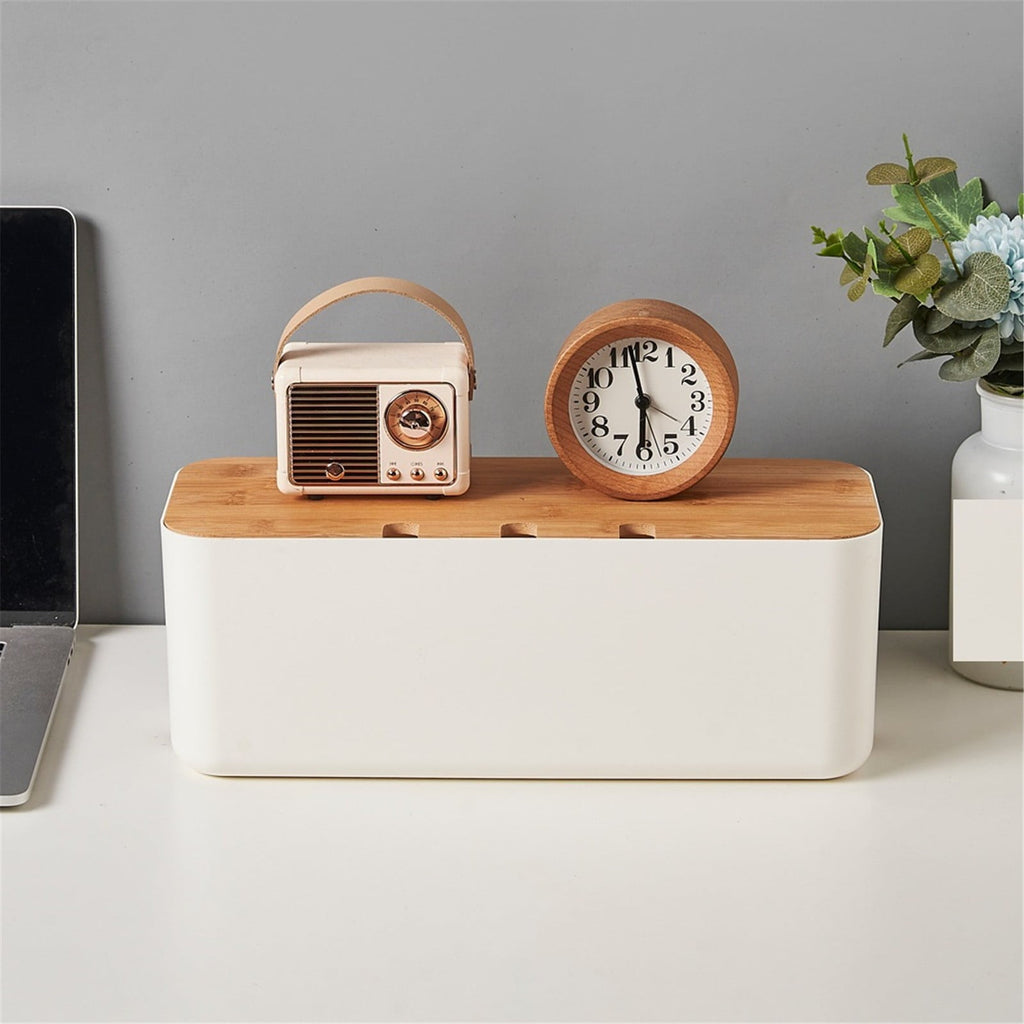 White Cable Management Box 11.8x4.5 Inches, Wooden Lid, Cable Organizer for Desktop, TV, Computer, USB Hub System for... - Image 6