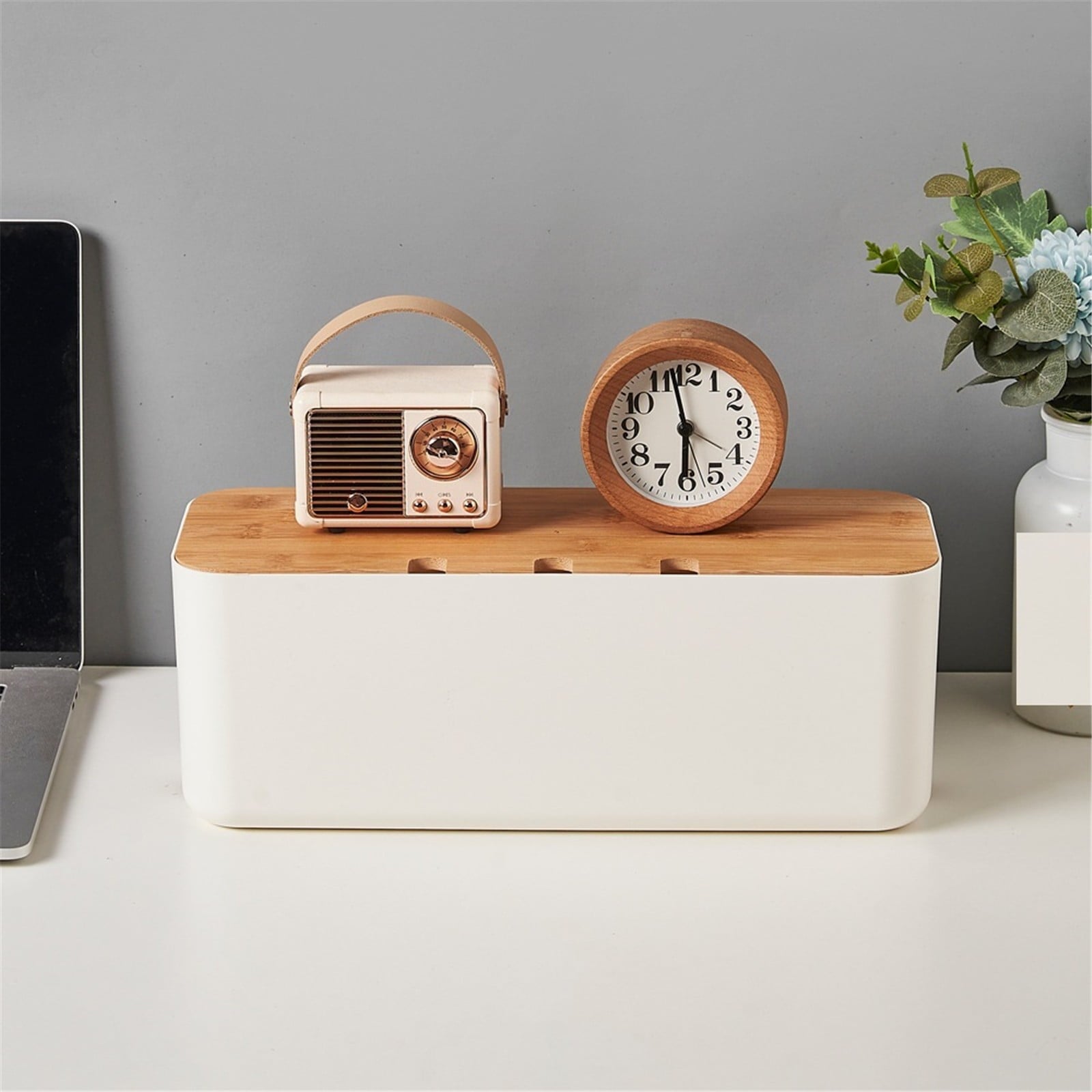 White Cable Management Box 11.8x4.5 Inches, Wooden Lid, Cable Organizer for Desktop, TV, Computer, USB Hub System for... - Image 6