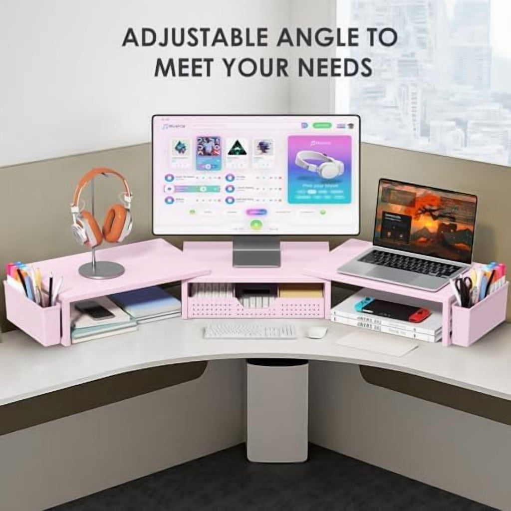 Pink Desk Organizers and Accessories for Women, Dual Computer Monitor Stand Riser with Drawer and 2 Pen Holders, Office Desk Accessories, Wo - Image 6