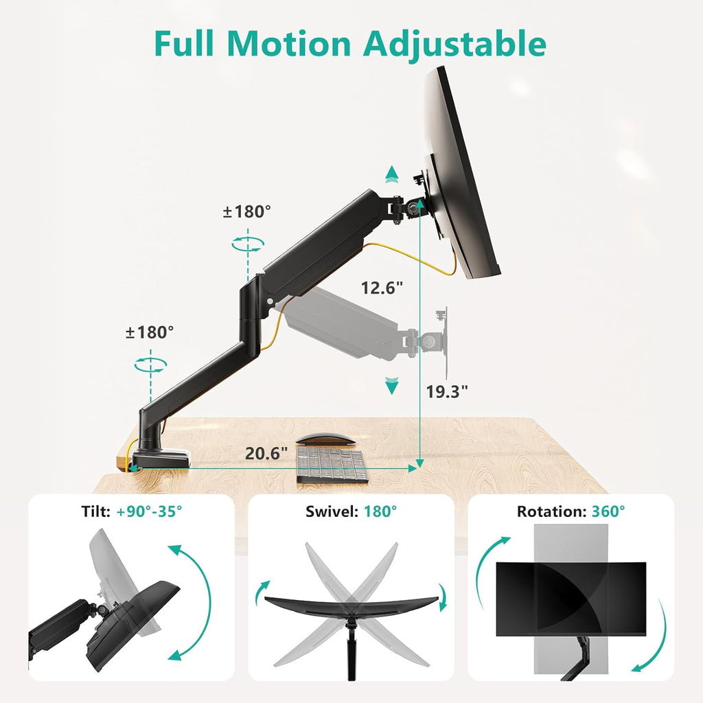 Monitor Mount for 13-34 inch Computer Screens,Gas Spring Single Monitor Arm Desk Stand with Full Motion Adjustable/Tw... - Image 3