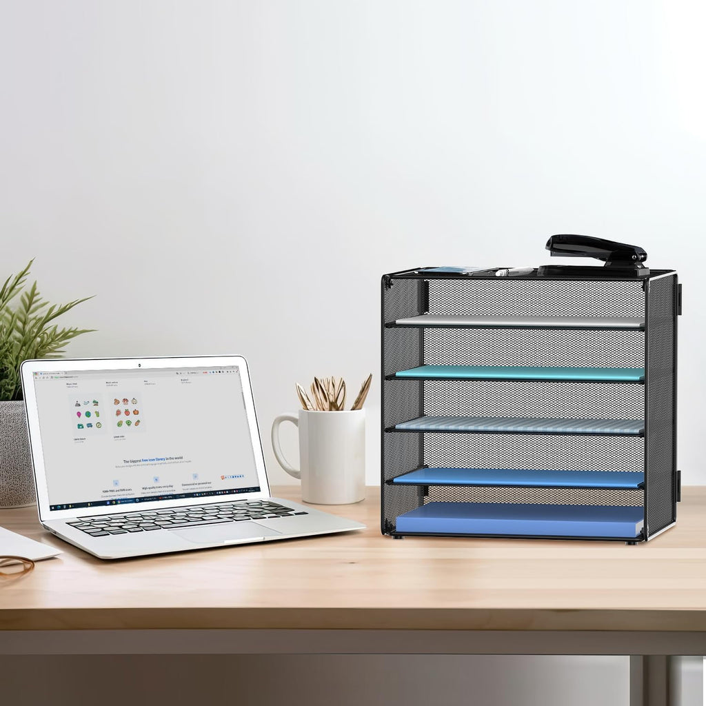 5 Tier Metal Desktop Organizer Tray, Desk Paper Organizer for Home Office, Black, 1 Pcs - Image 4