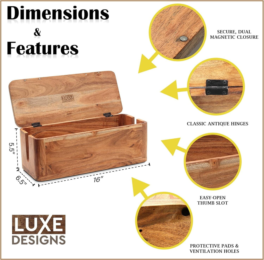 Large Cable Management Box - Acacia Wood Cable Organizer Box and Power Strip Box for Electrical Cord Management - Des... - Image 3