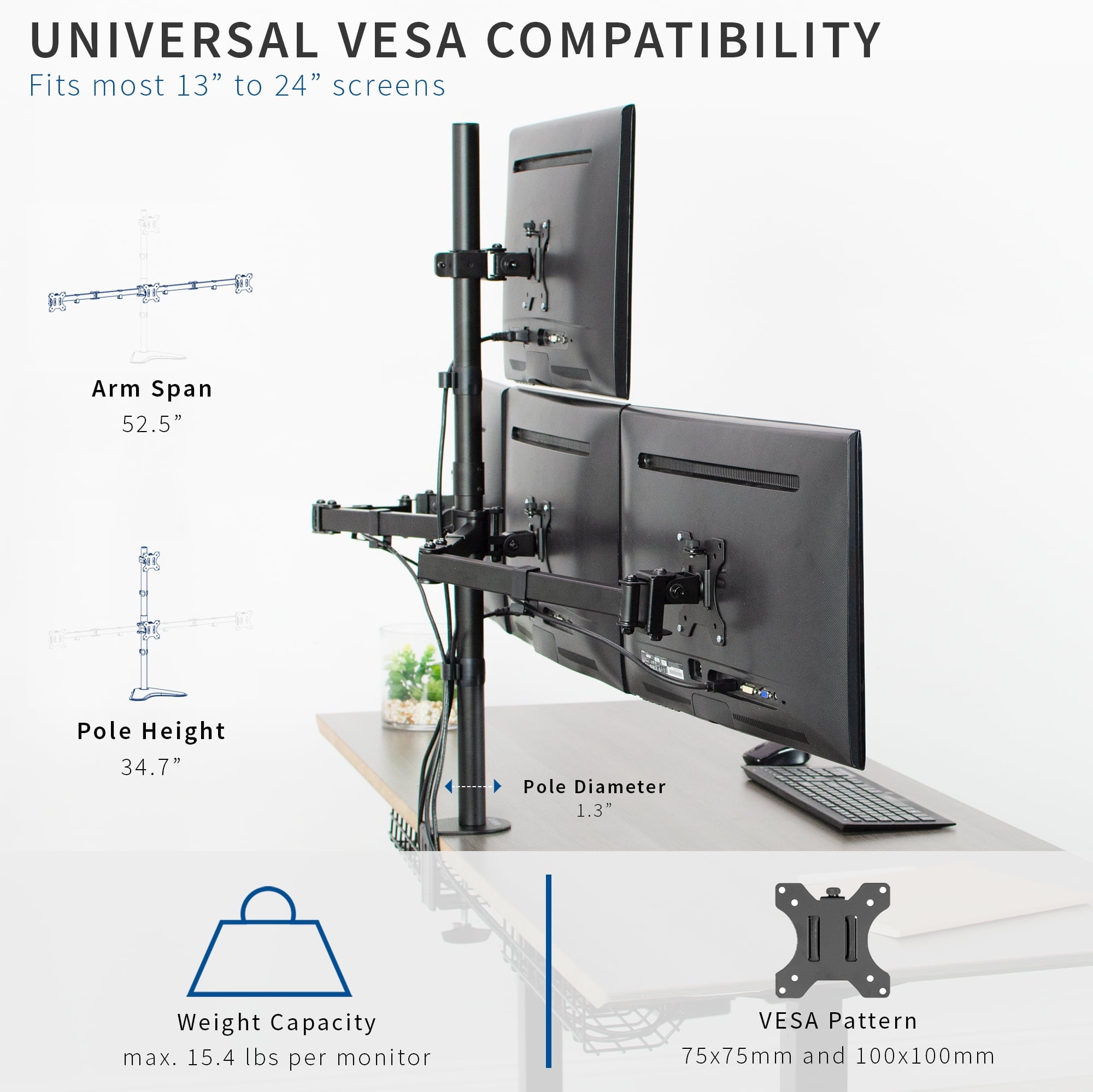 VIVO Quad Heavy Duty 13" to 24" Monitor Desk Mount | 3 + 1 Stand Holds 4 Screens - Image 3