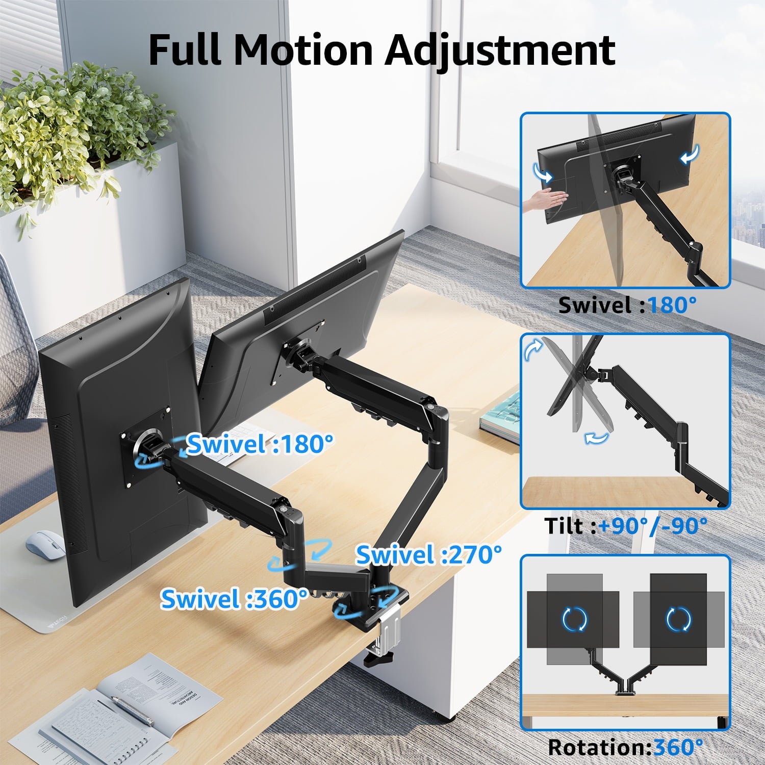 Dual Monitor Mount Stand for 13-32 inch, Gas Spring Monitor Arm for 2 Monitor, Dual Monitor Desk Mount with Tilt, Swi... - Image 3