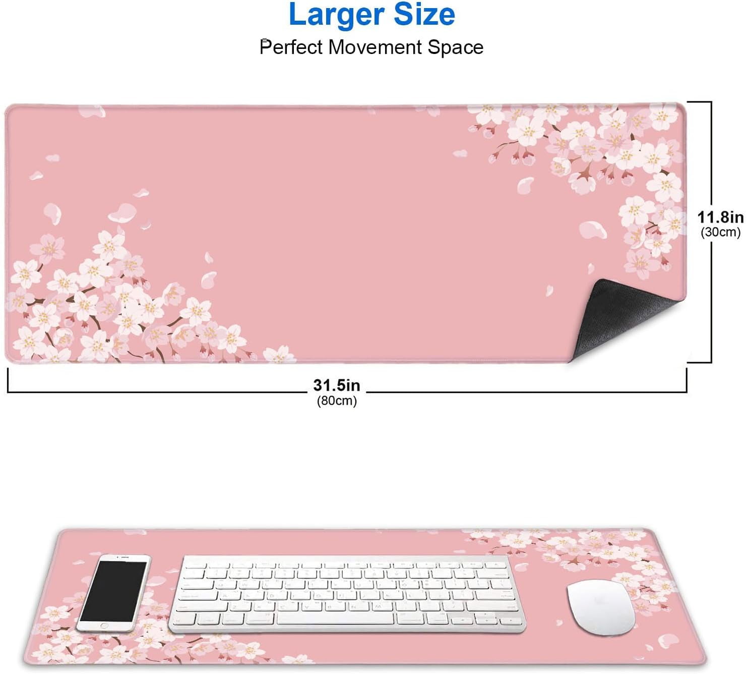 Pink Japanese Desk Mat, Cherry Blossom Large Gaming Mouse Pad, Non-Slip Rubber Base Mousepad Desk Decor for Women, De... - Image 2