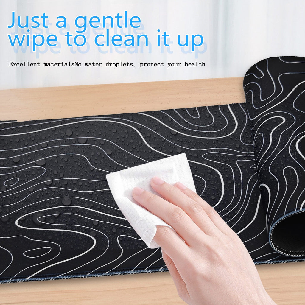 Topographic Mouse Pad 31.5 x 11.8 In, Large Keyboard Desk Pad Mat with with Non-Slip Base Stitched Edge, White and Bl... - Image 2