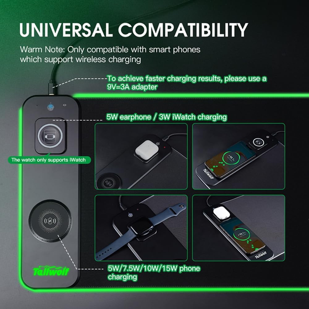 XIHAMA 3 in1 Wireless Charging RGB Gaming Mouse PAD, 15W 10 Light Modes, 800*300*4mm LED Magnetic Wireless Charging Mouse, Pad Desk Pad, Ill - Image 2