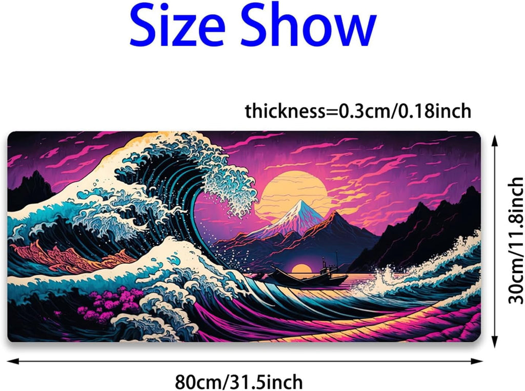 Japanese Sea Wave Mouse Pad, Blacklight Kanagawa Gaming Waterproof Extended Large Desk Pad Long Computer Keyboard Big... - Image 3
