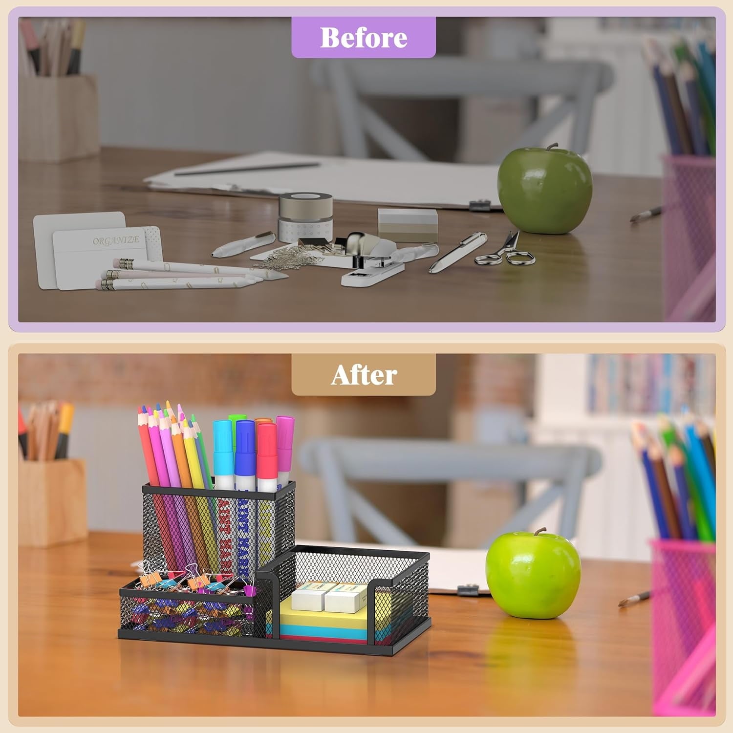 INTIGE Mesh Pen Holder Desk Organizer, Office Supplies Pencil Storage with 3 Compartments - Image 5