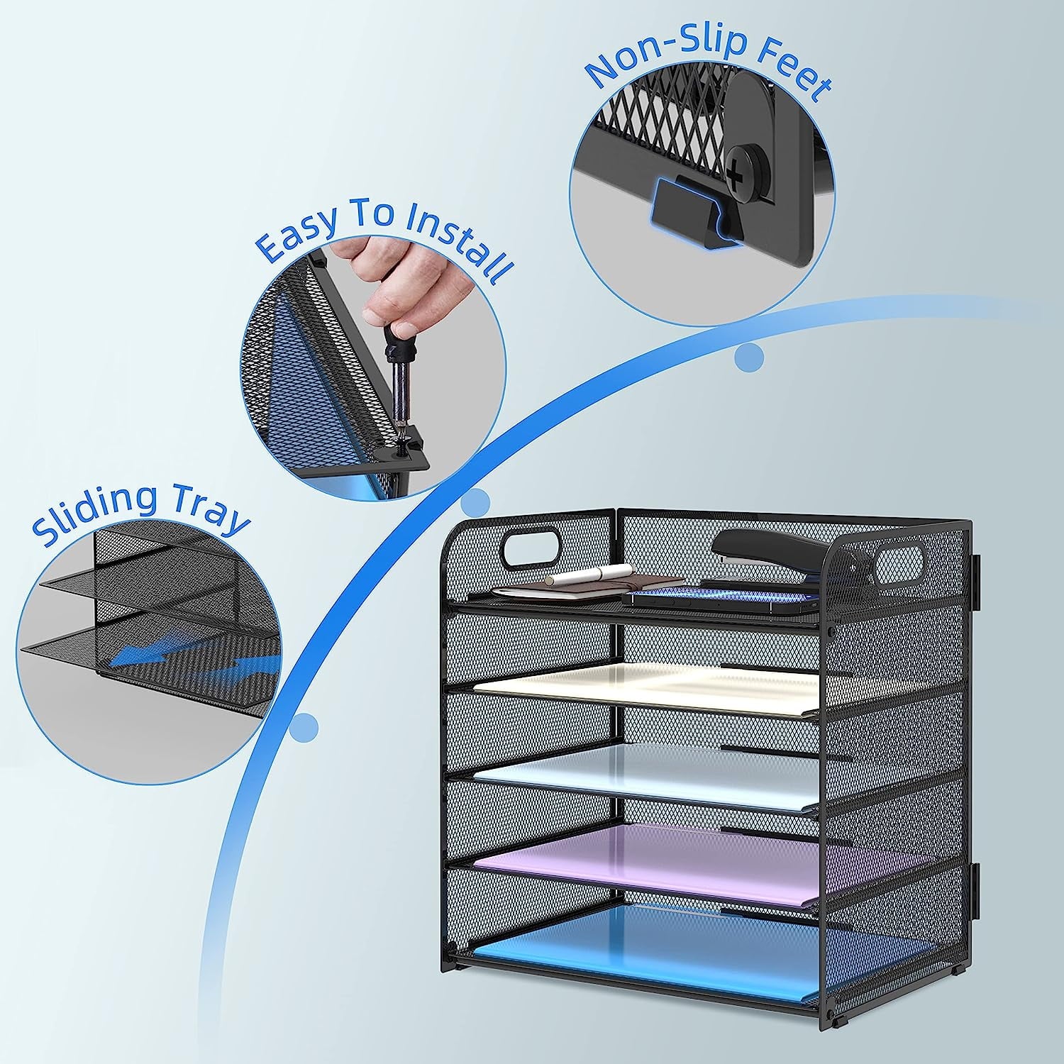 5 Paper Organizer with Handle - Mesh Desk File/Letter Organizer,Black Paper Sorter for Office, Home - Image 4
