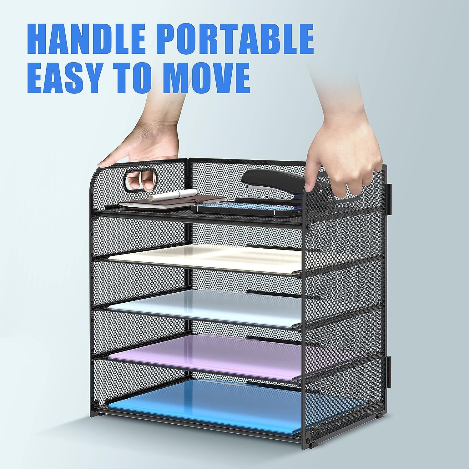 5 Paper Organizer with Handle - Mesh Desk File/Letter Organizer,Black Paper Sorter for Office, Home - Image 5