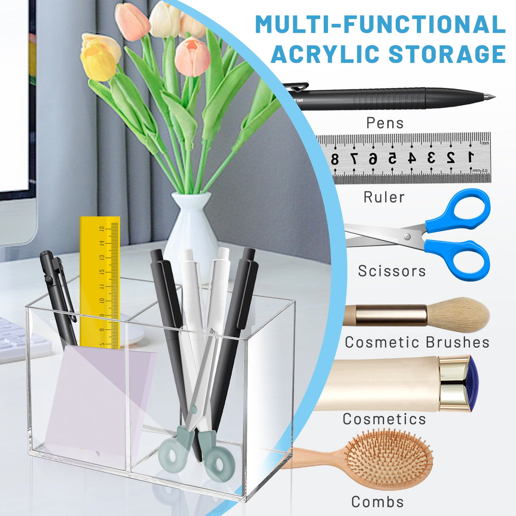 2Pcs Acrylic Pen Holder for Desk, 2 Compartments Clear Makeup Brush Holder Organizer, Pen Cup for Pencil Marker - Image 5