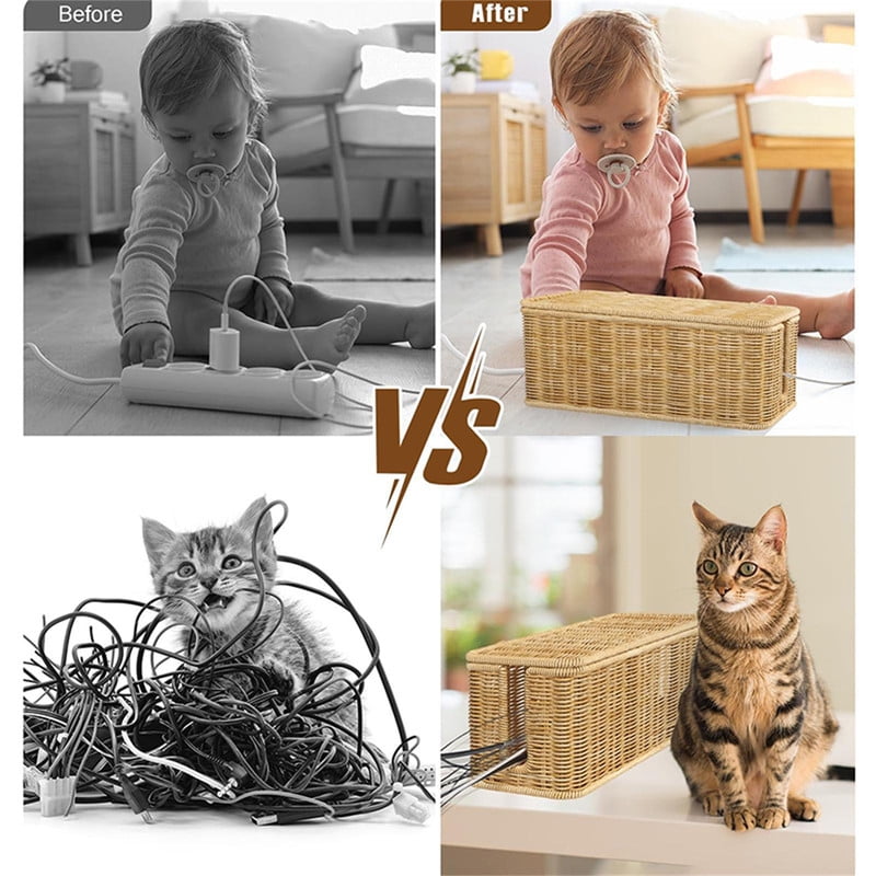 Handmade Cable Management Box, Durable Rattan Cable Organizer With Lid, 2 Open Slots Cords Hider Box, Under Desk Cord Organizer for TV Compu - Image 4