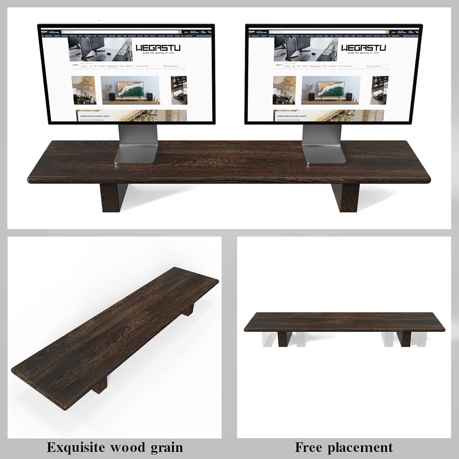 Solid Wood Monitor Stand with Storage - Rustic Dual Riser for Laptop TV PC Office Desk Organizer - Image 5