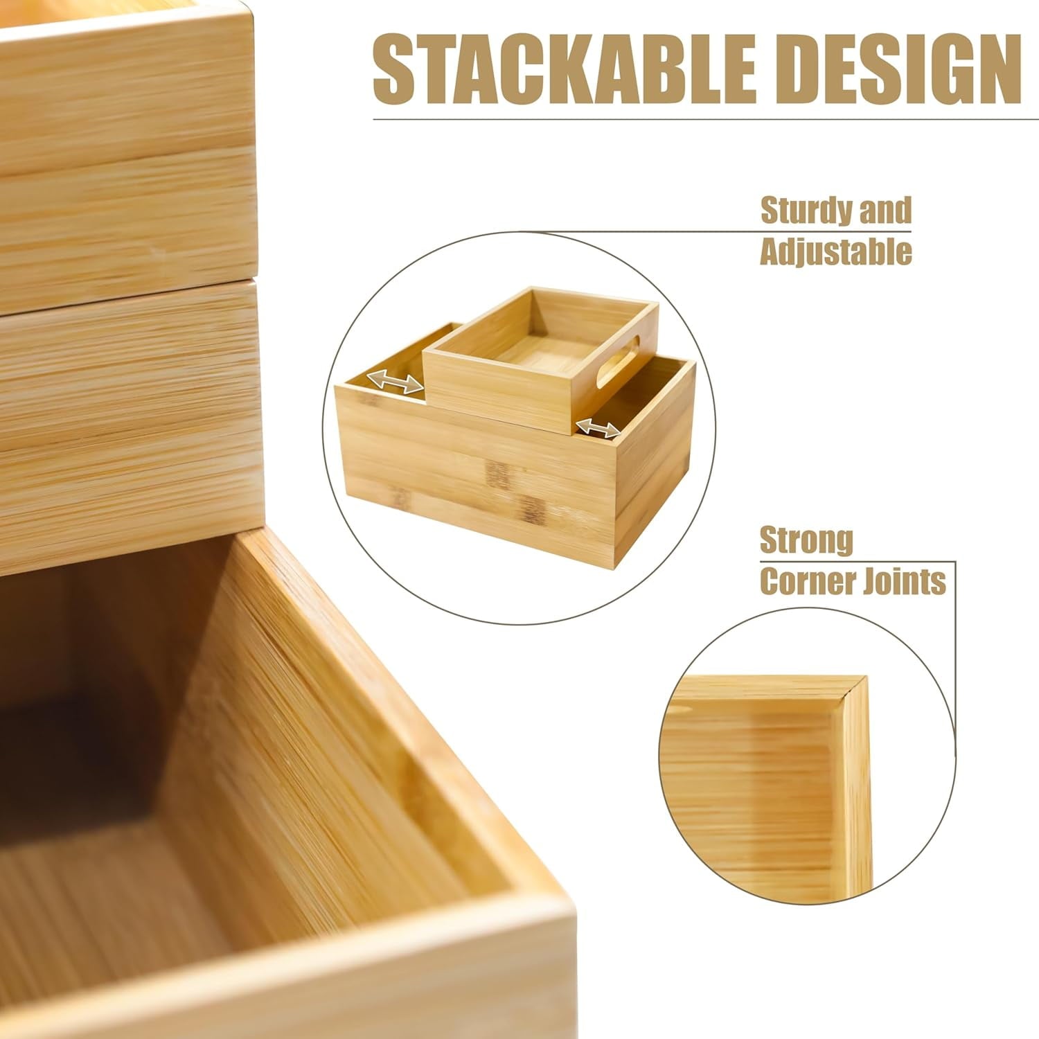 3-Piece Stackable Bamboo Storage Box, Office Desk Organizer, Wooden Boxes for Makeup Drawer Organizer Bathroom, Offic... - Image 4