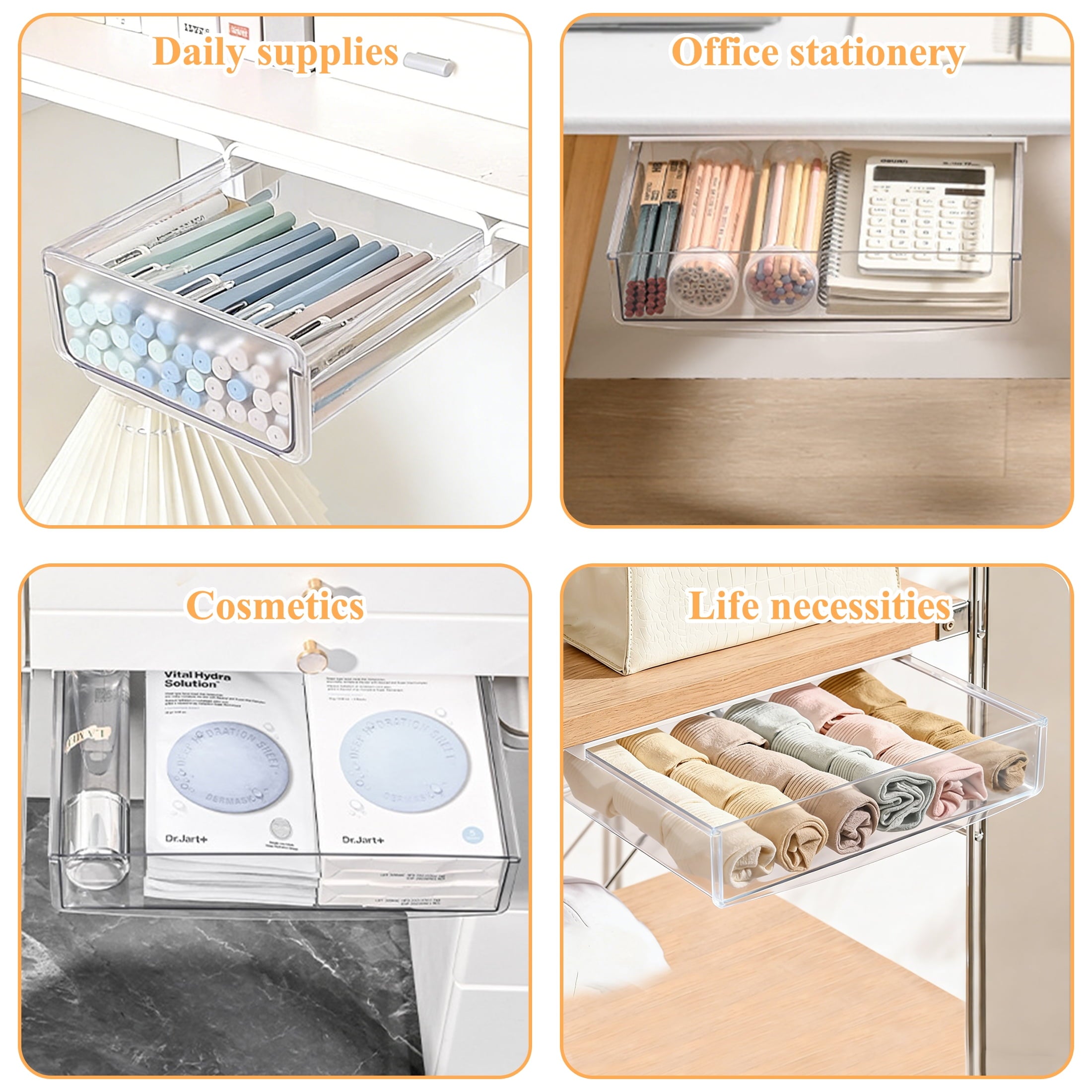 Yalumo 2 Pack Under Desk Drawer Organizer, Large & Small Slide Out Under Desk Storage Drawer Self-Adhesive Under Table Hidden Drawer for Off - Image 2
