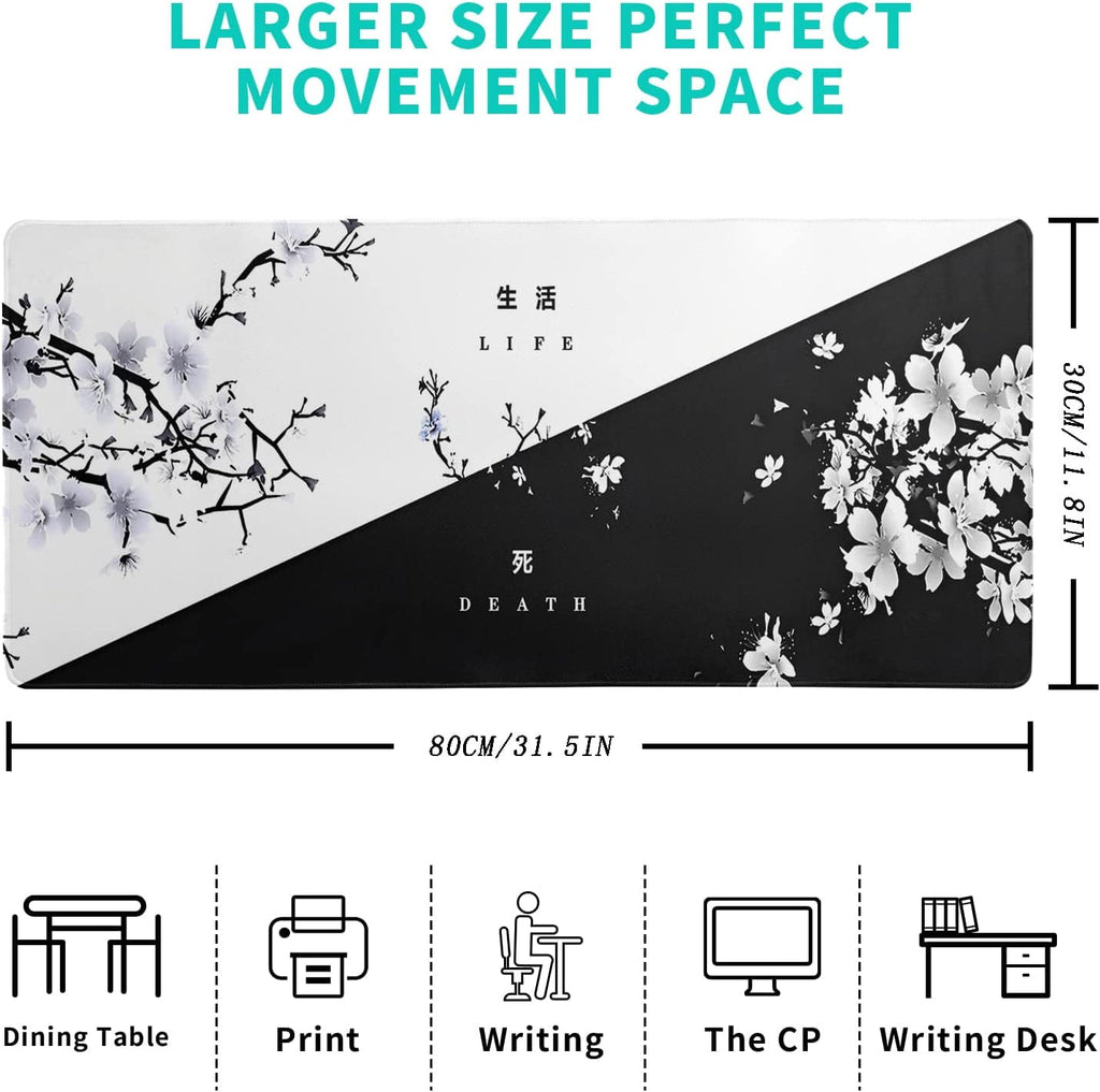 Black and White Japanese Cherry Blossom Gaming Mouse Pad Sakura Death Life Flower Mat 31.5x11.8 Inch Texture Non-Slip... - Image 2