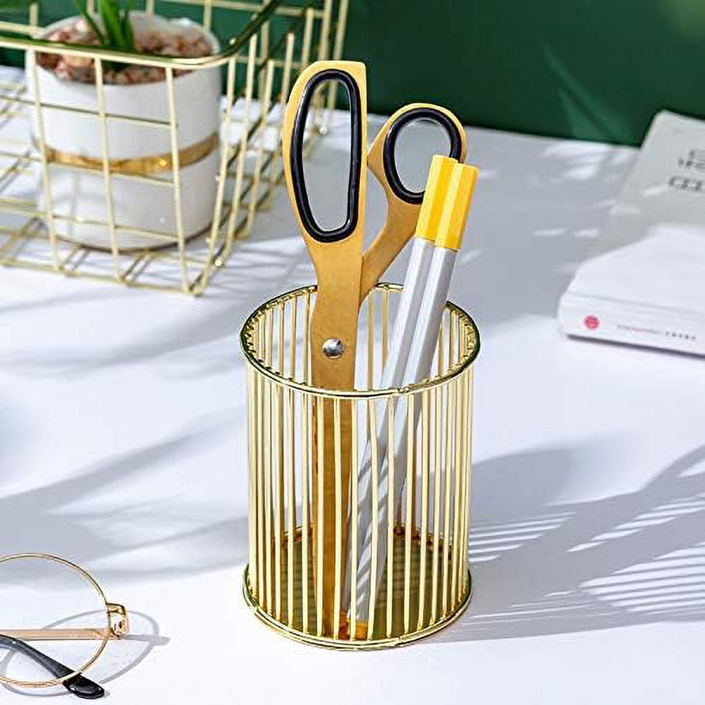 Gold Metal Pen Holder for Desk, Makeup Brush Organizer Cup, Modern Office Desk Organizer with Weighted Base, Pencil H... - Image 3