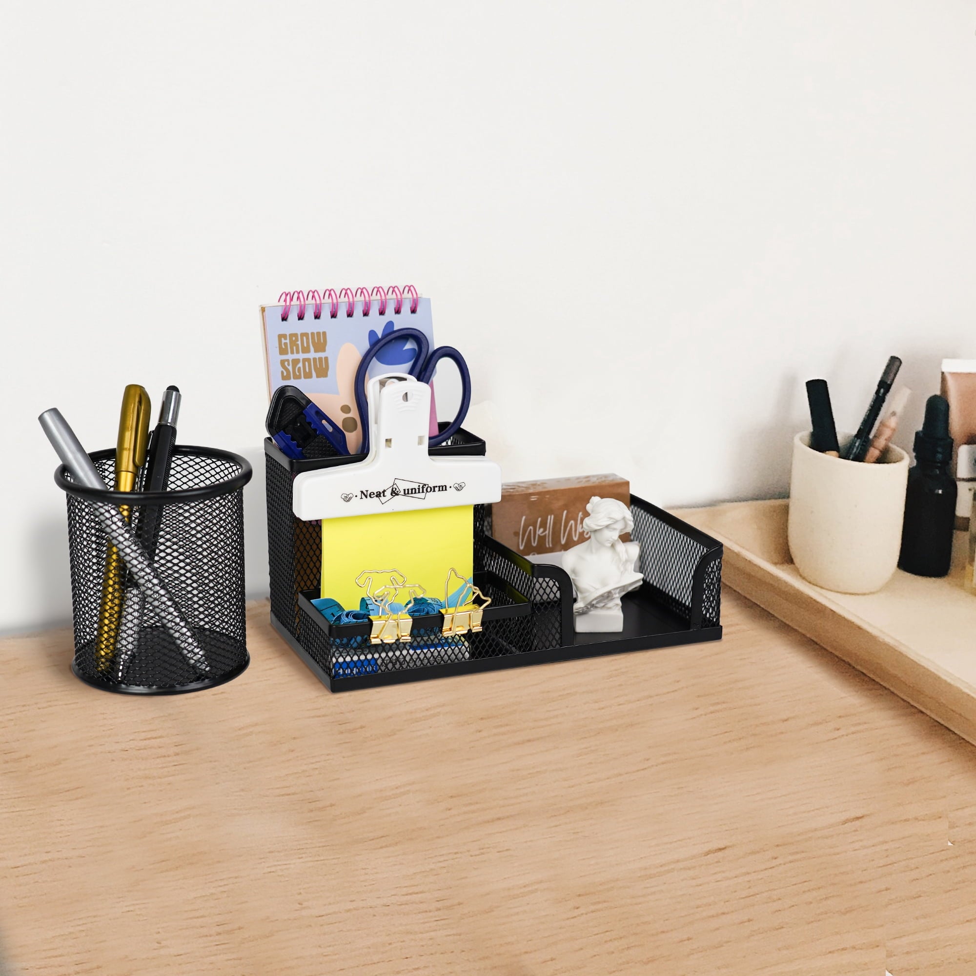 Mesh Pen Holder Desk Organizer with a Pencil Cup, 3 Compartmnets Desk Caddy, Helpful Sticky Note Holder and Paper Cli... - Image 4