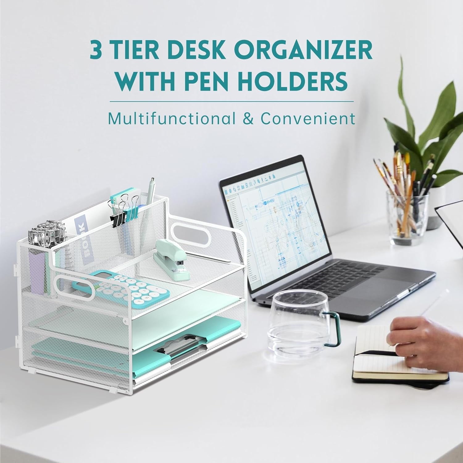 3 Letter Size Desk Organizer with Handle and 3 Pen Holders, White, 1 Piece - Image 6