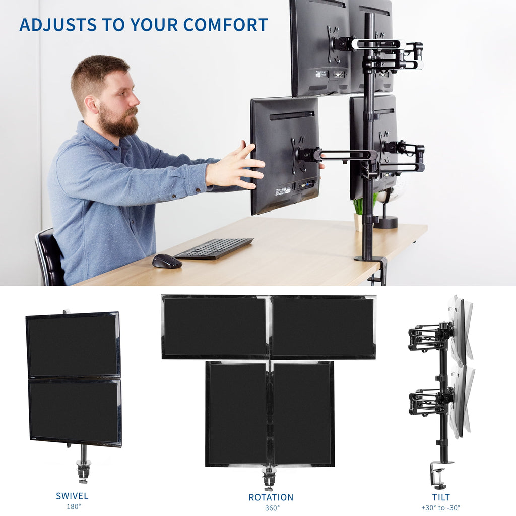 Quad LCD Monitor Fully Adjustable Desk Mount Stand | For 4 Screens 17" to 32" - Image 3