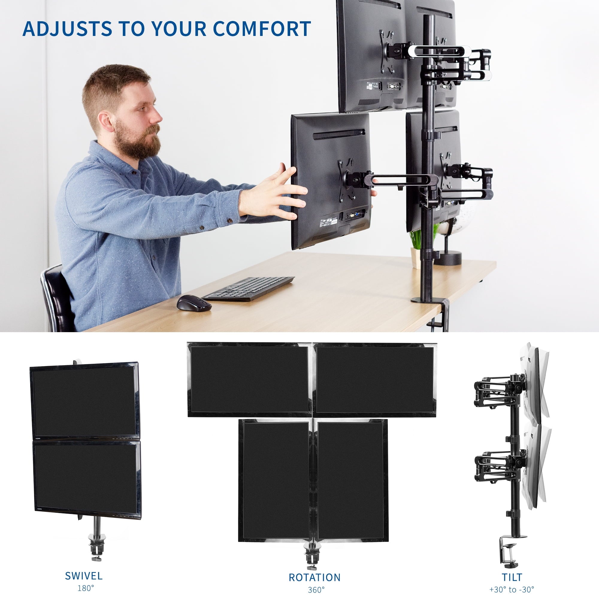 Quad LCD Monitor Fully Adjustable Desk Mount Stand | For 4 Screens 17" to 32" - Image 3